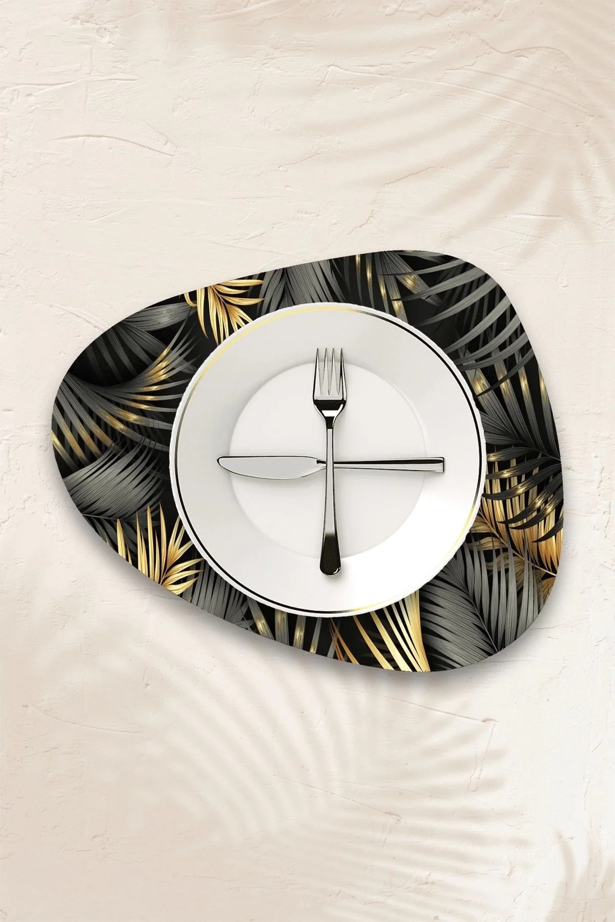 Valerine Life Palmiye Yaprak Çerçeve Gri Amerikan Deri Kaymaz Yıkanabilir Servis Tabak Altlığı 12 Parça 6 Kişilik