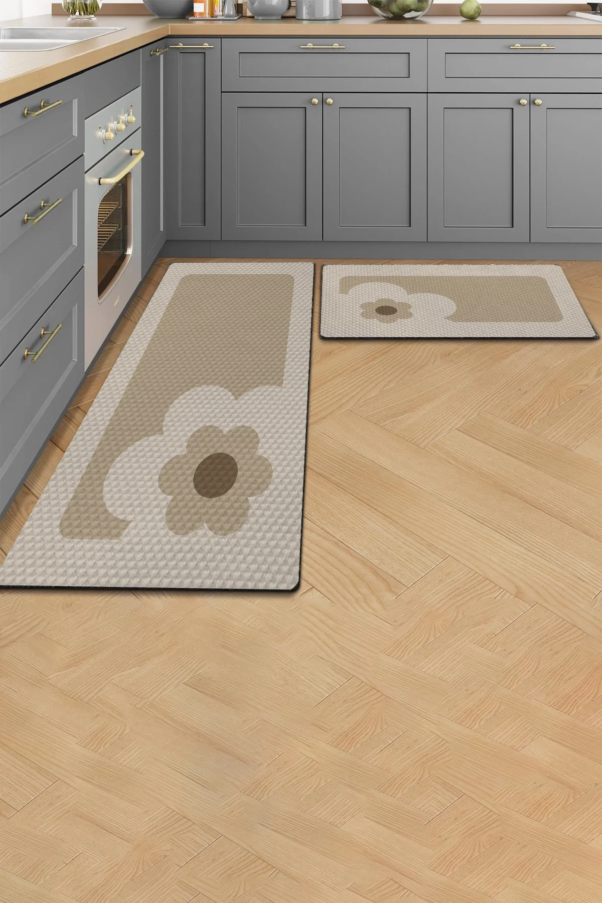 Valerine Life Papatyalı Krem Rengi Mutfak Matı Halısı Yıkanır Kaymaz Taban Tezgah Önü Paspası İkili Set