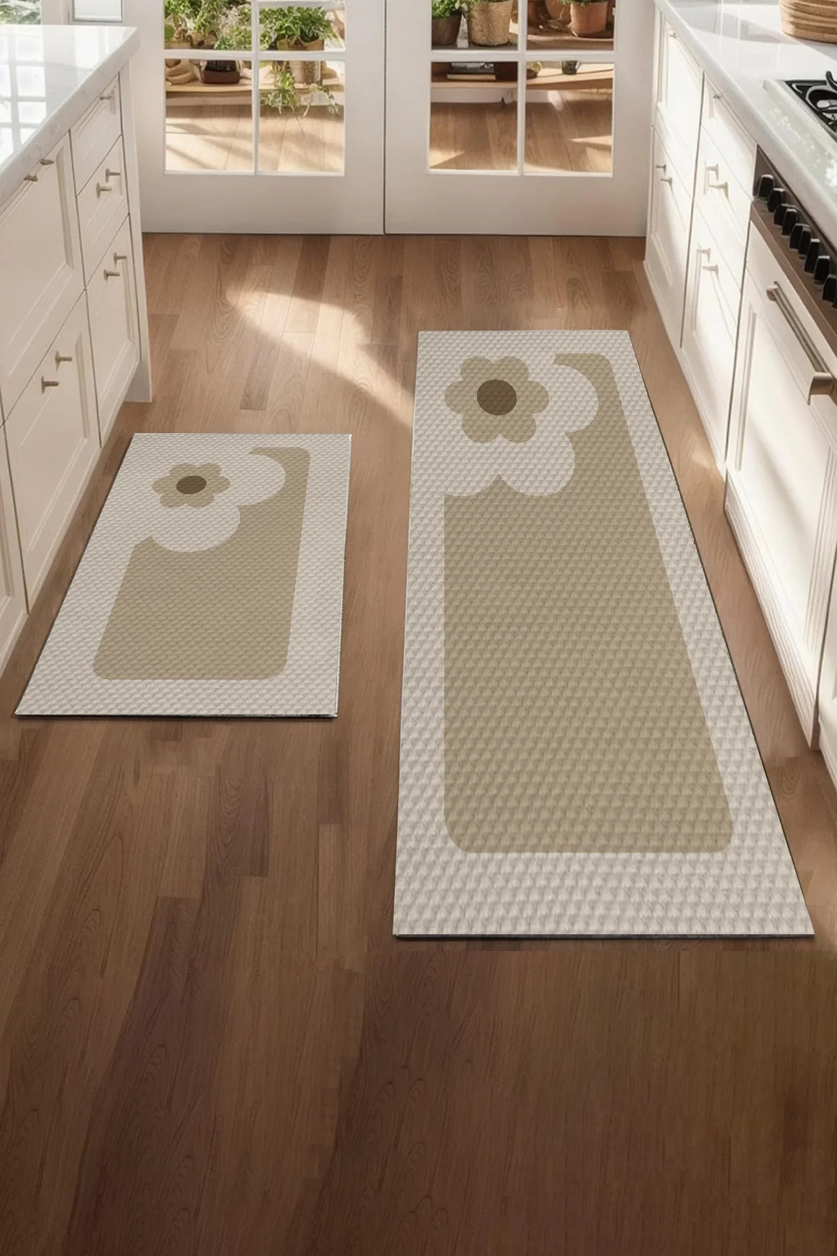 Valerine Life Papatyalı Krem Rengi Mutfak Matı Halısı Yıkanır Kaymaz Taban Tezgah Önü Paspası İkili Set