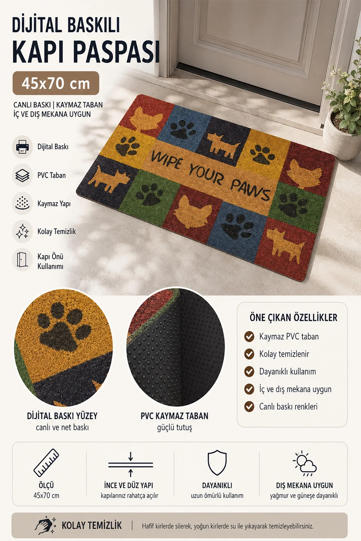 Valerine Life Patilerinizi Silin Kedi Köpek İkonlu Welcome Hoş Geldiniz Kapı Önü Paspası 45x70cm
