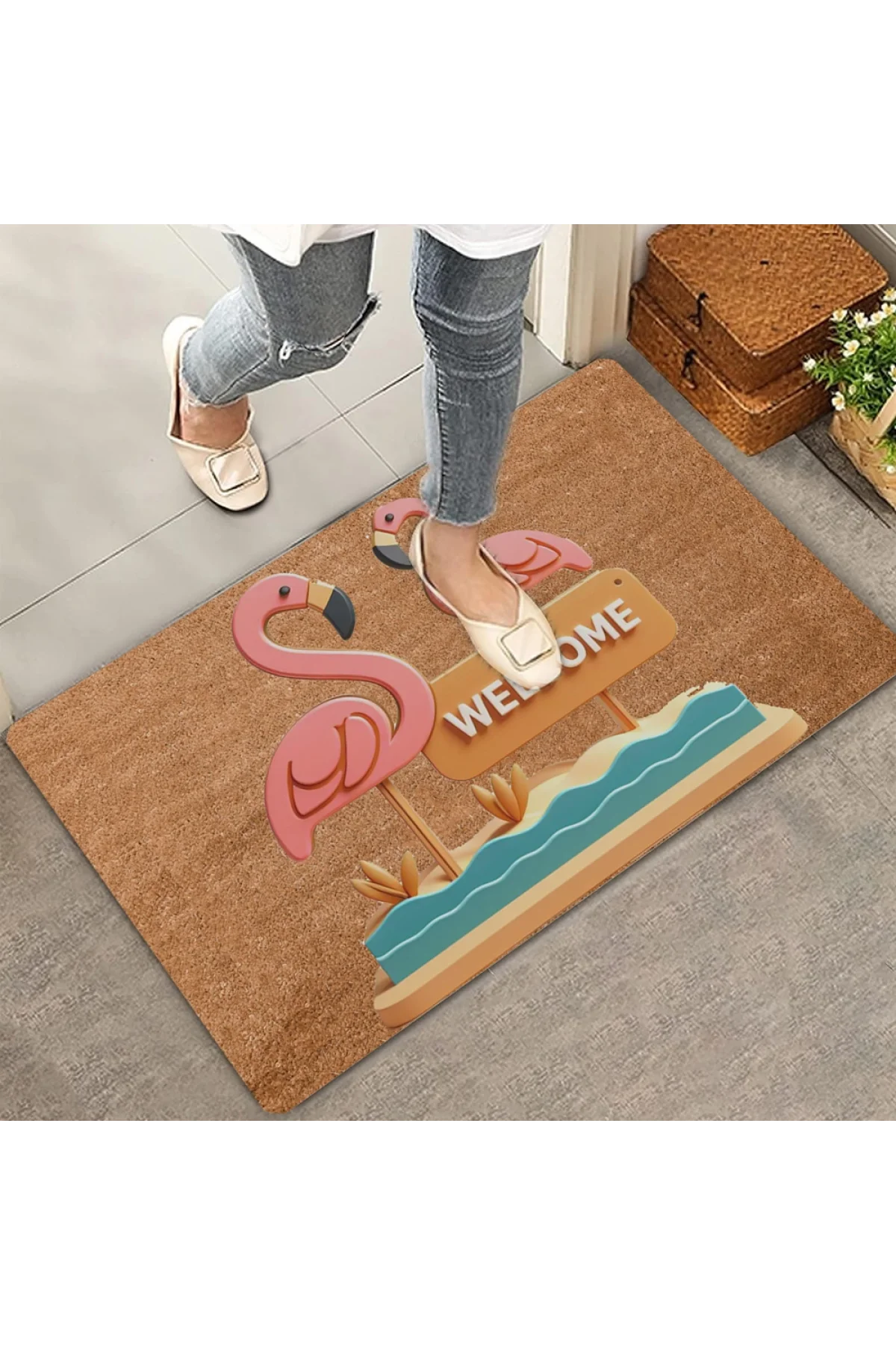 Valerine Life Pembe Flamingo Çifti Welcome Kapı Önü Paspası 45x70cm