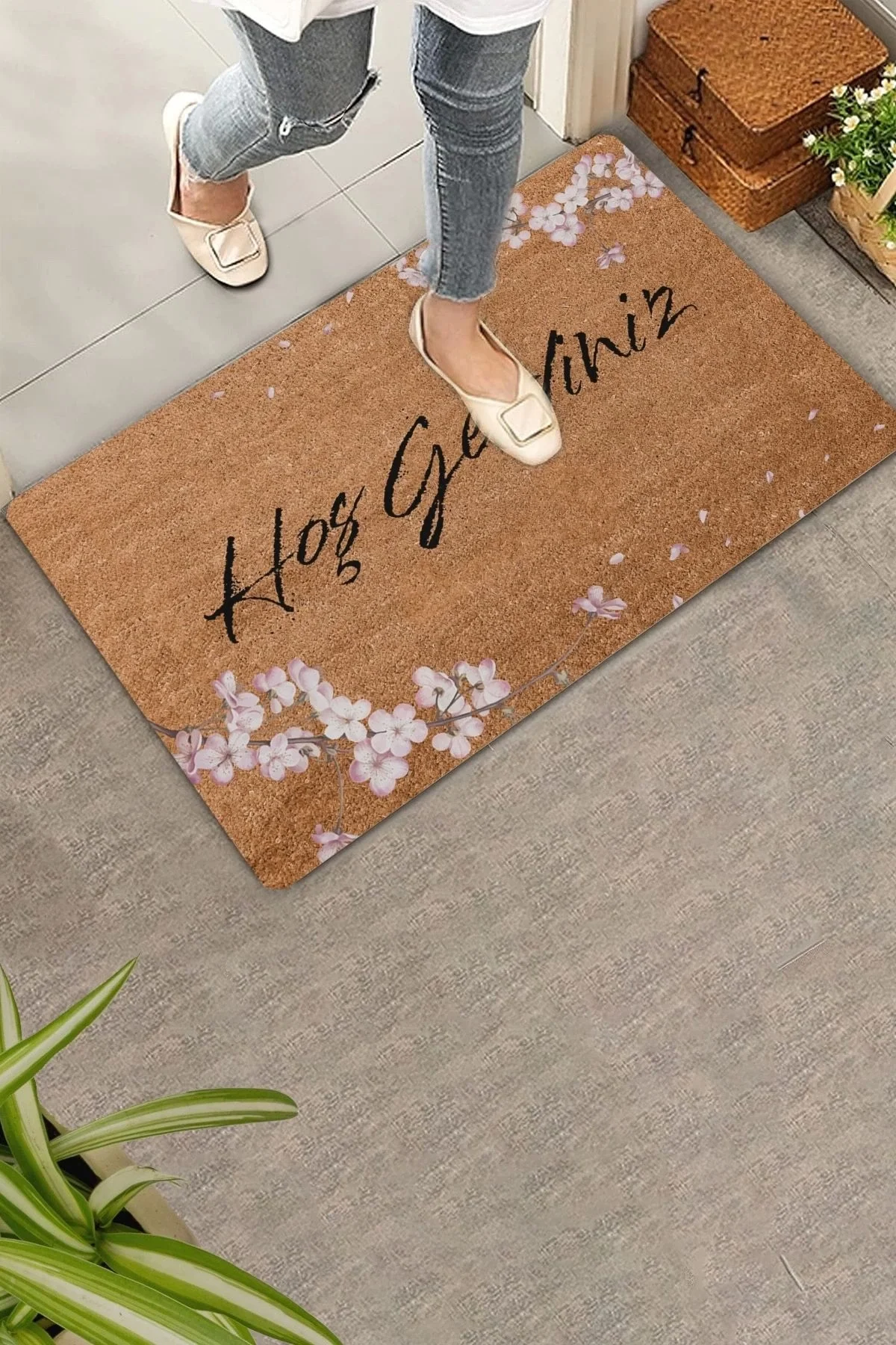 Valerine Life Pembe Kiraz Çiçekleri Hoş Geldiniz Kapı Önü Paspası 45x70cm