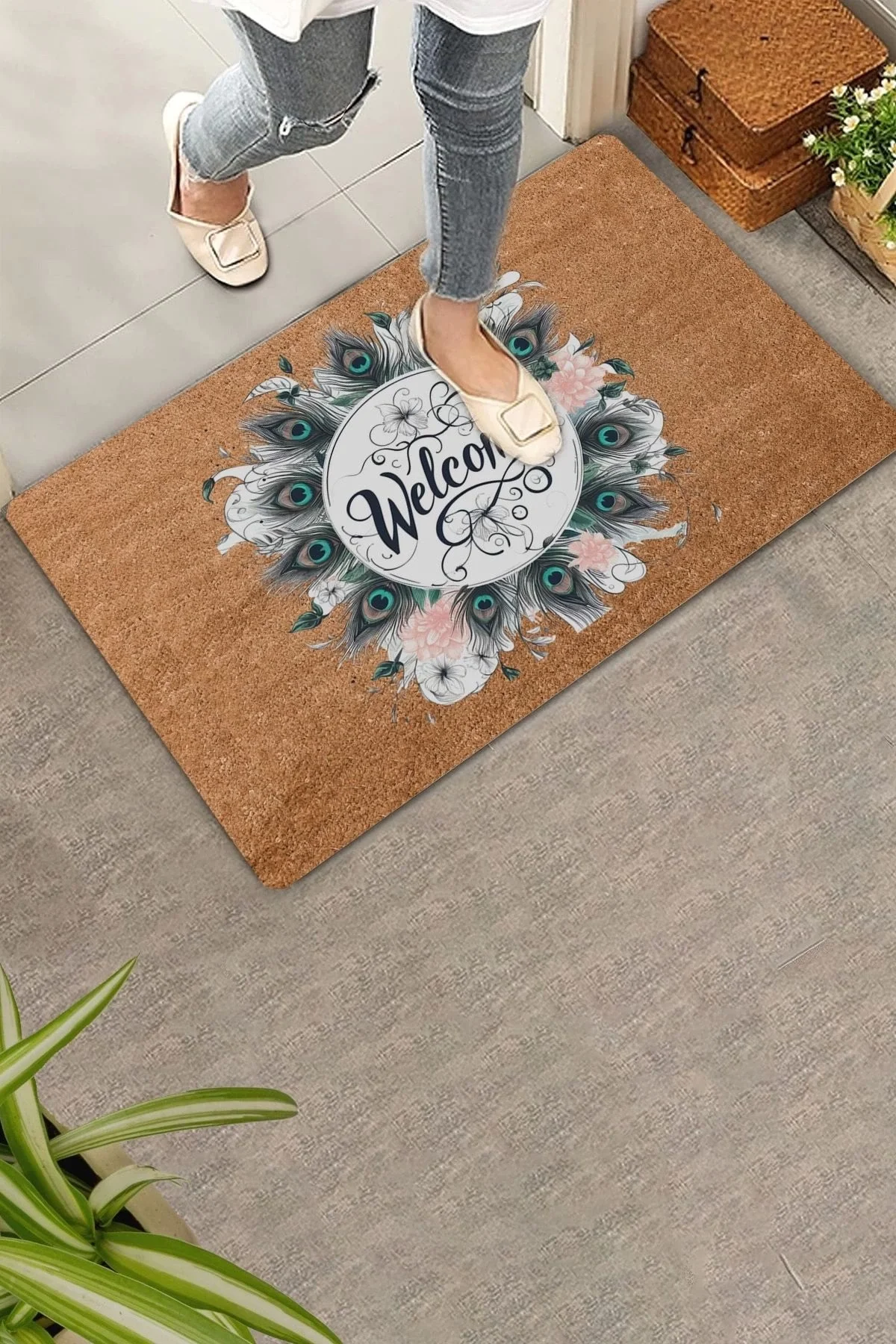 Valerine Life Pudra Kasımpatı ve Tavus Kuşu Tüyleri Welcome Kapı Önü Paspası 45x70cm