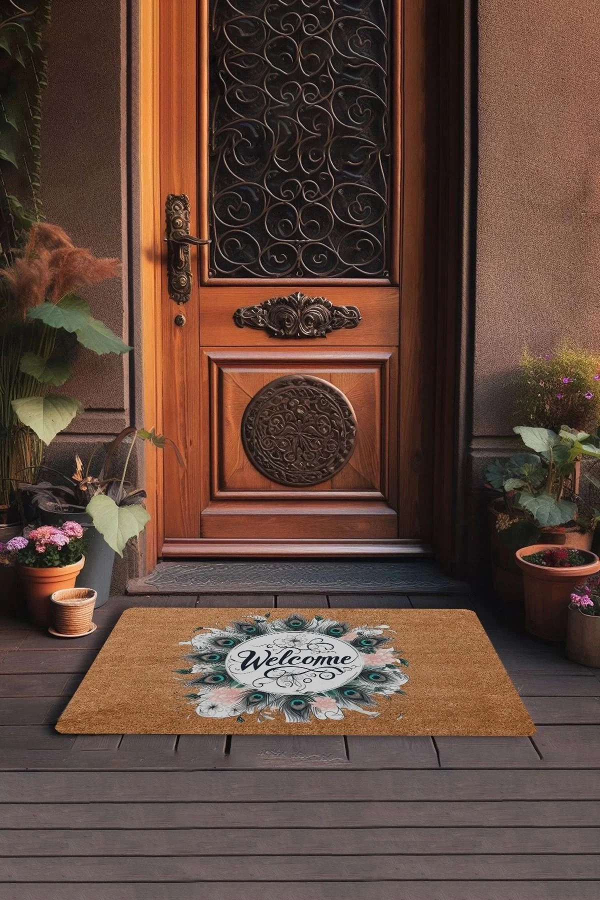 Valerine Life Pudra Kasımpatı ve Tavus Kuşu Tüyleri Welcome Kapı Önü Paspası 45x70cm