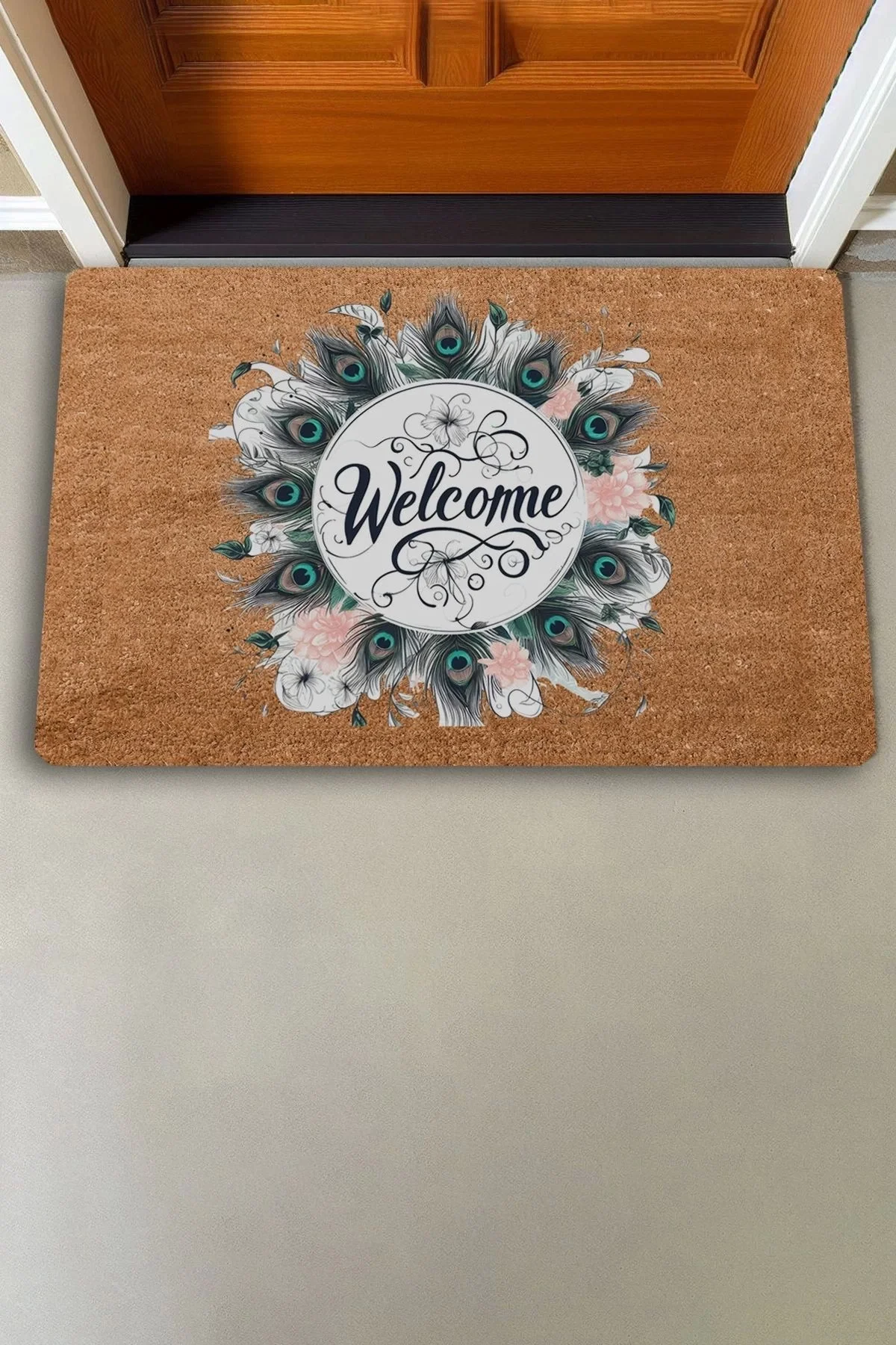 Valerine Life Pudra Kasımpatı ve Tavus Kuşu Tüyleri Welcome Kapı Önü Paspası 45x70cm