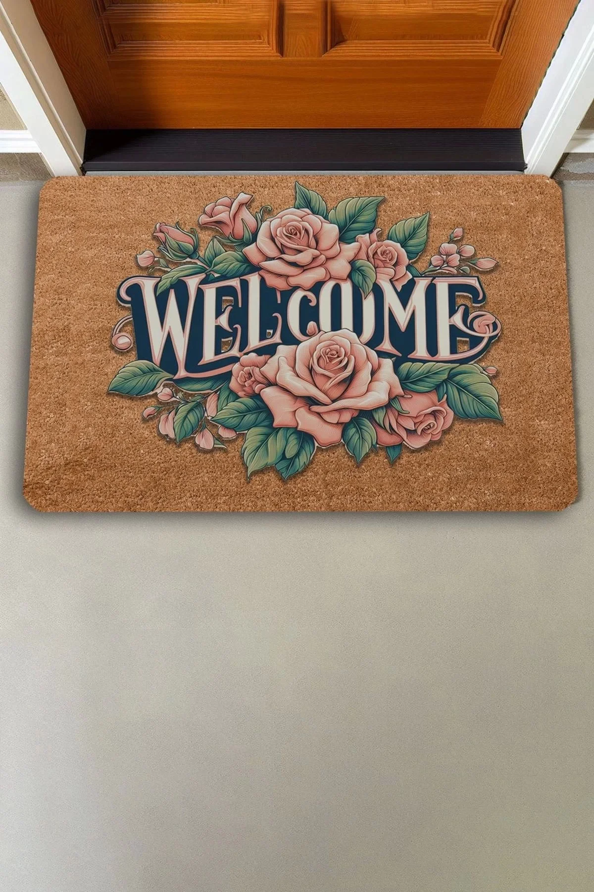 Valerine Life Pudra Rengi Güller Welcome Kapı Önü Paspası 45x70cm