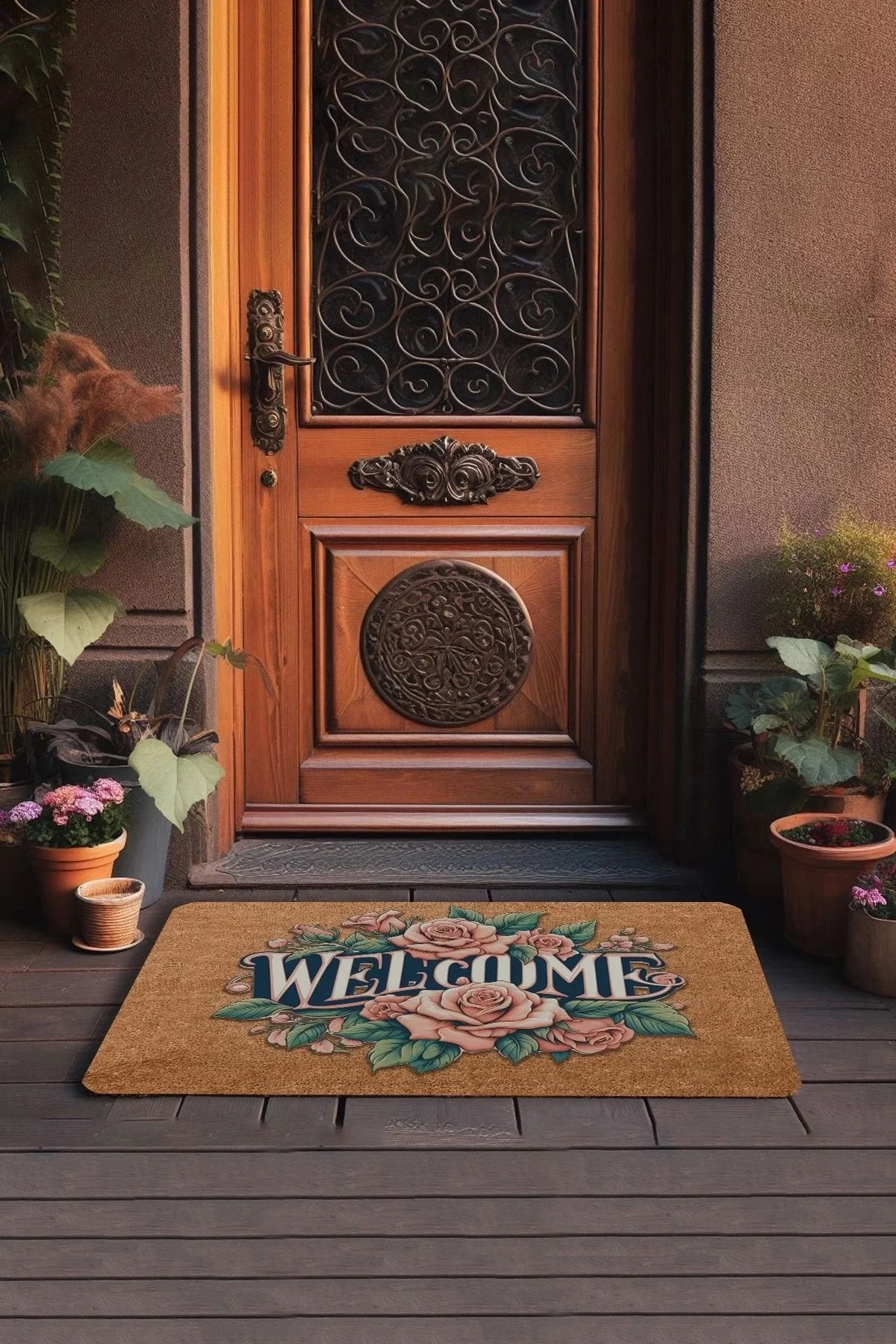 Valerine Life Pudra Rengi Güller Welcome Kapı Önü Paspası 45x70cm