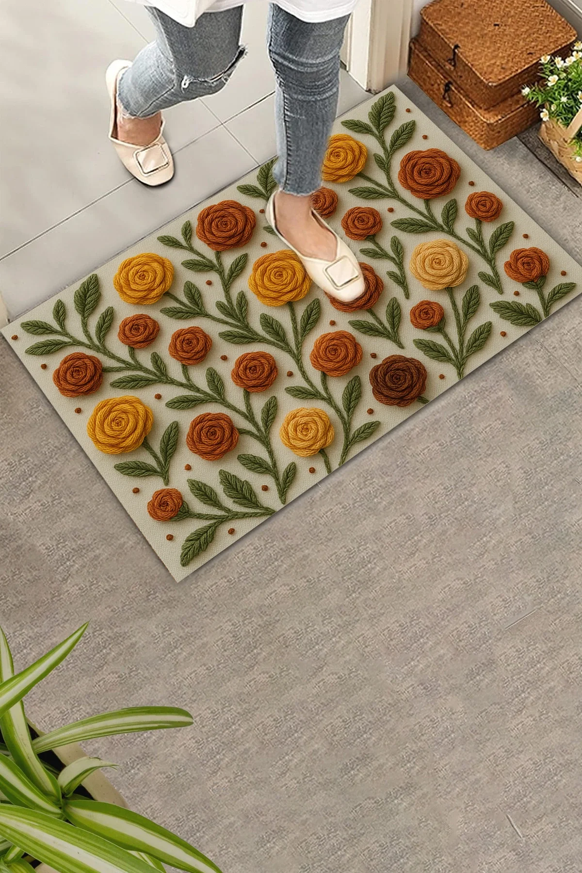 Valerine Life Sıcak İlmekler Nakışlı Güller Temalı Welcome Hoş Geldiniz Dijital Baskılı Kapı Önü Paspası 45x70cm