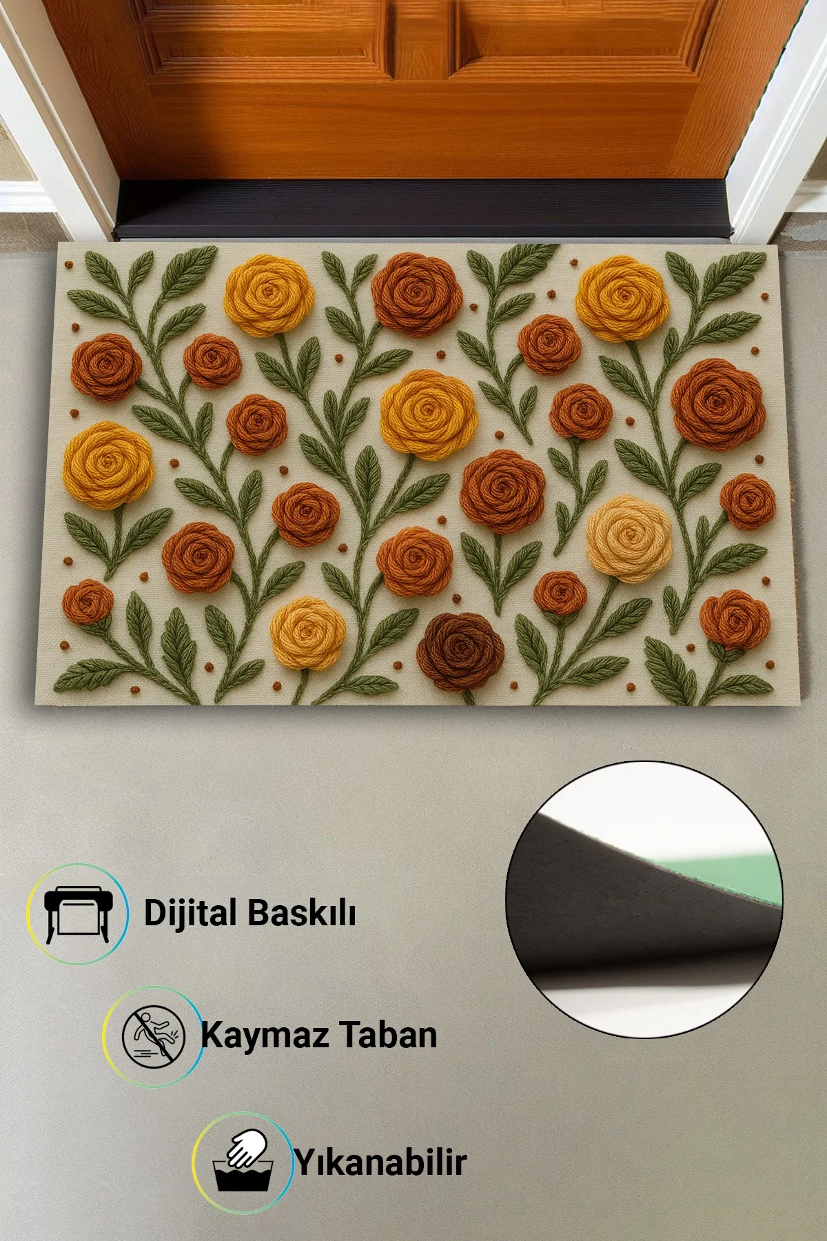 Valerine Life Sıcak İlmekler Nakışlı Güller Temalı Welcome Hoş Geldiniz Dijital Baskılı Kapı Önü Paspası 45x70cm