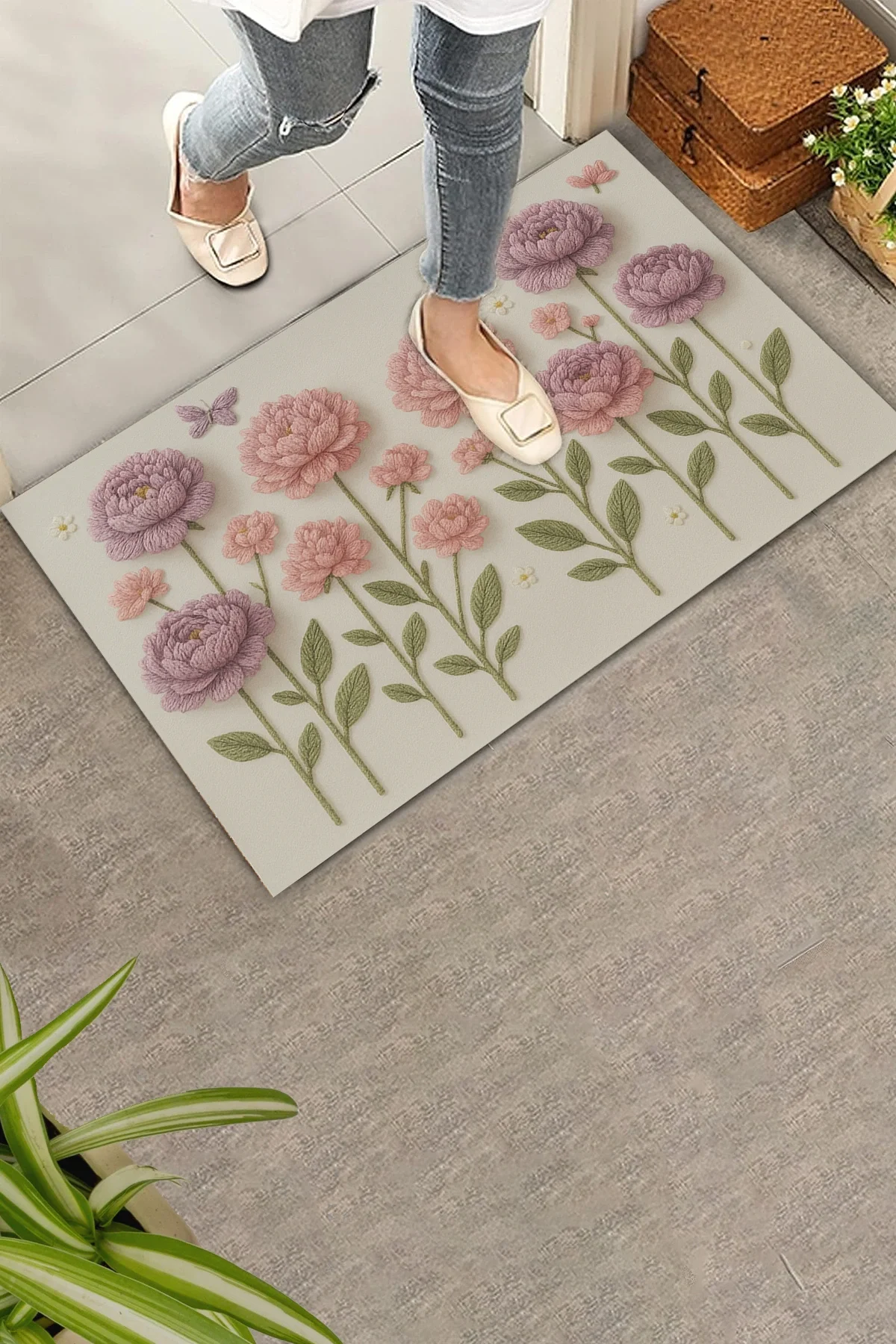 Valerine Life İplikten Düşler Nakışlı Şakayık Çiçekler Welcome Hoş Geldiniz Dijital Baskı Kapı Önü Paspası 45x70cm