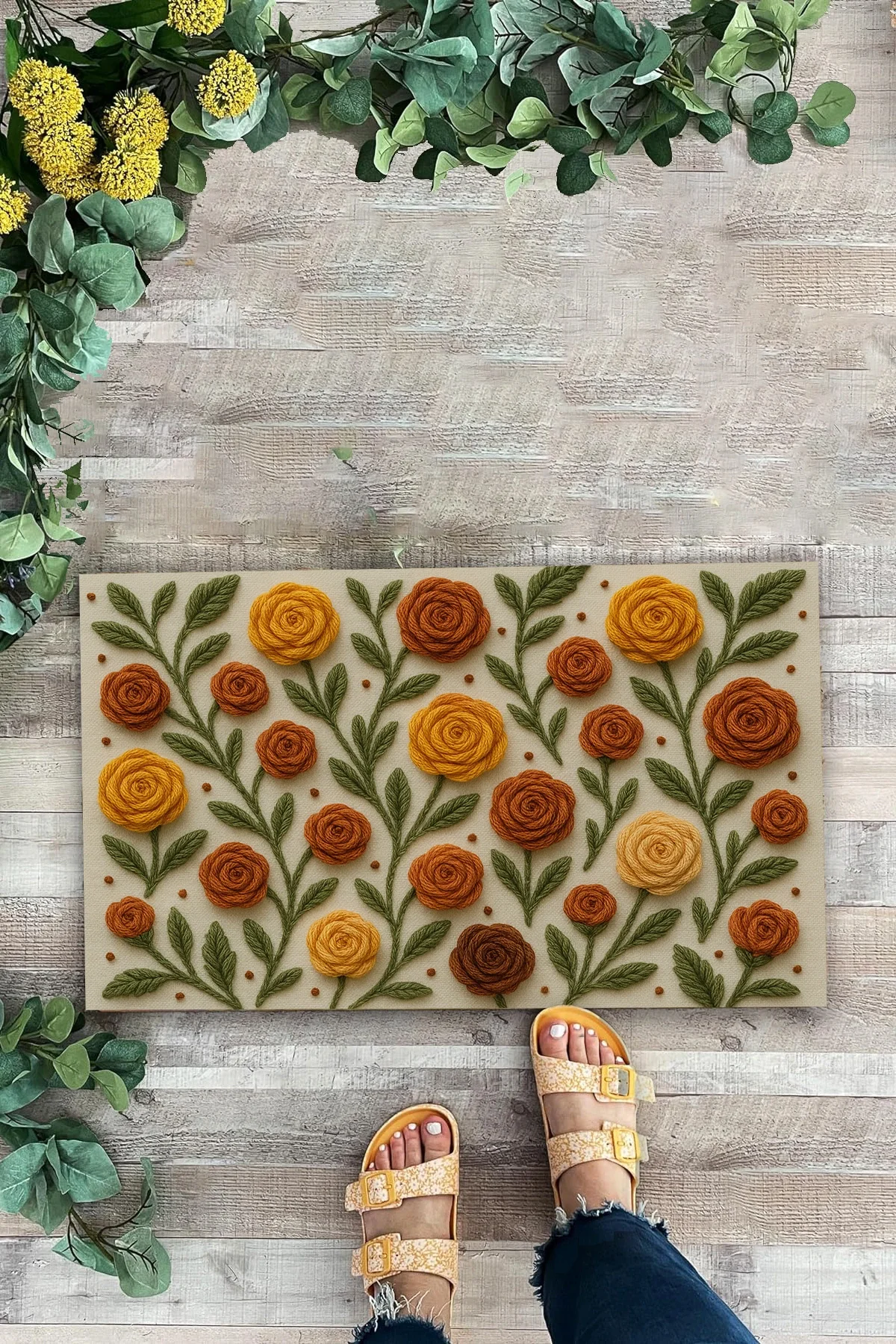 Valerine Life Sıcak İlmekler Nakışlı Güller Temalı Welcome Hoş Geldiniz Dijital Baskılı Kapı Önü Paspası 45x70cm