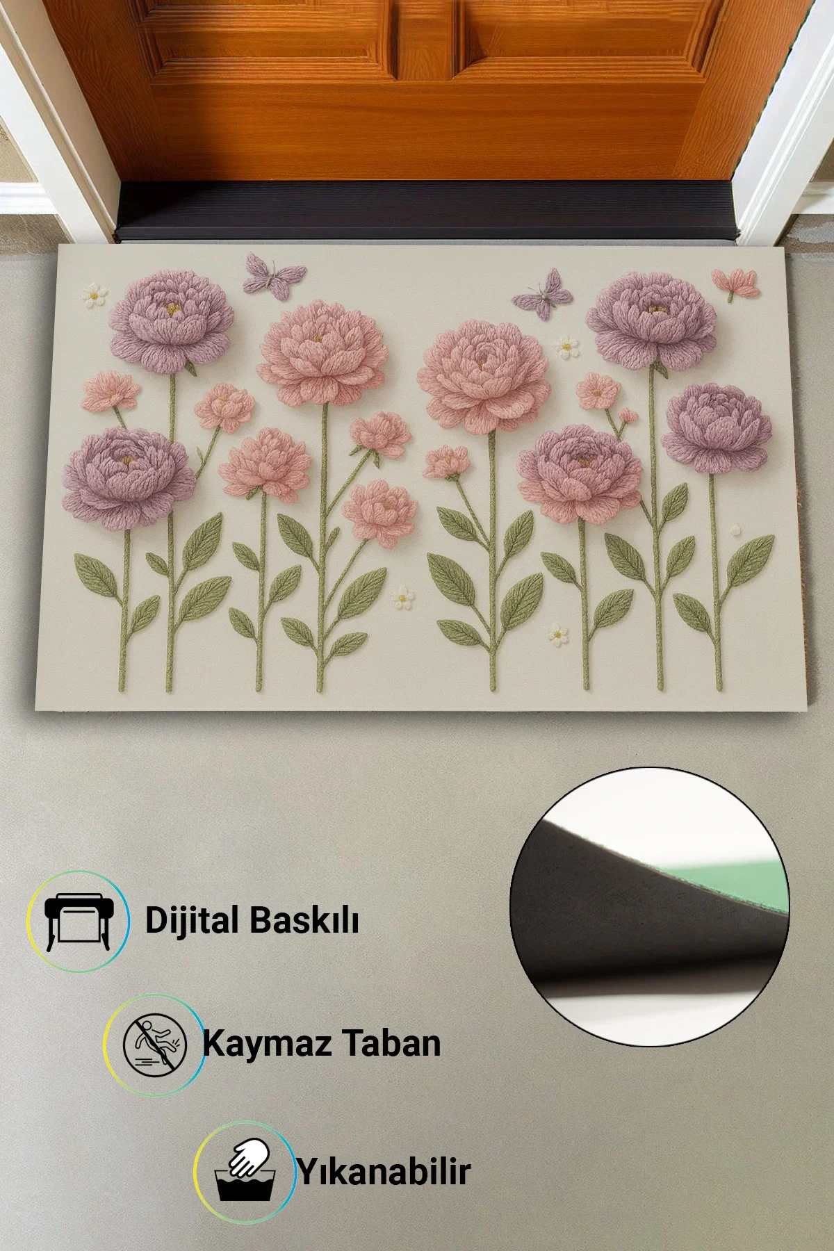 Valerine Life İplikten Düşler Nakışlı Şakayık Çiçekler Welcome Hoş Geldiniz Dijital Baskı Kapı Önü Paspası 45x70cm