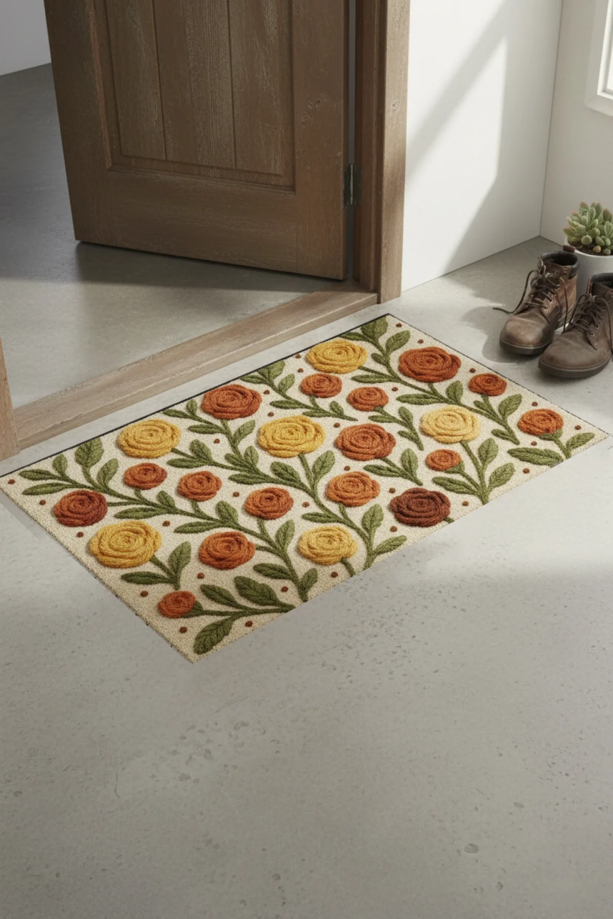 Valerine Life Sıcak İlmekler Nakışlı Güller Temalı Welcome Hoş Geldiniz Dijital Baskılı Kapı Önü Paspası 45x70cm