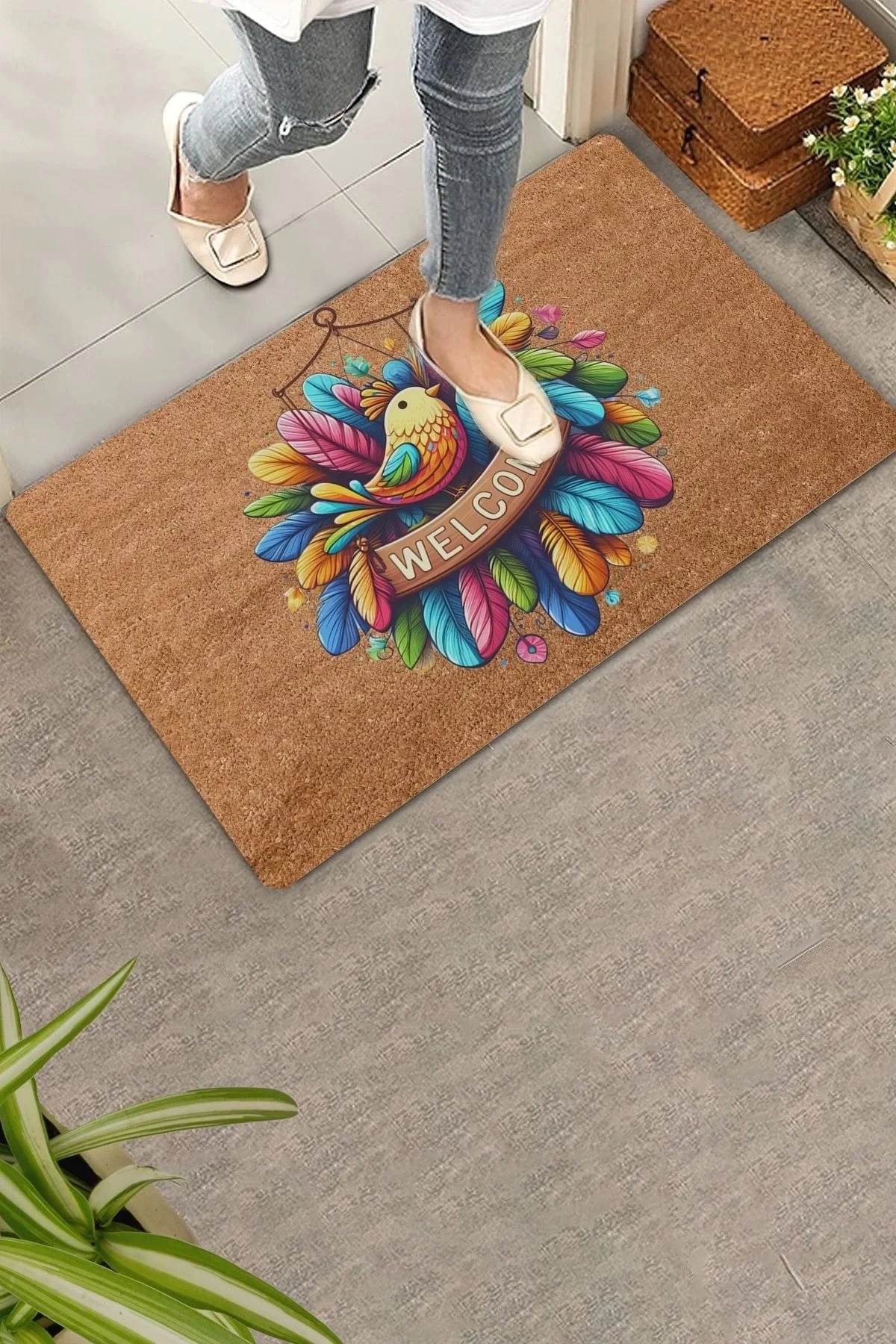 Valerine Life Renkli Tüyler ve Kuş Temalı Welcome Kapı Önü Paspası 45x70cm