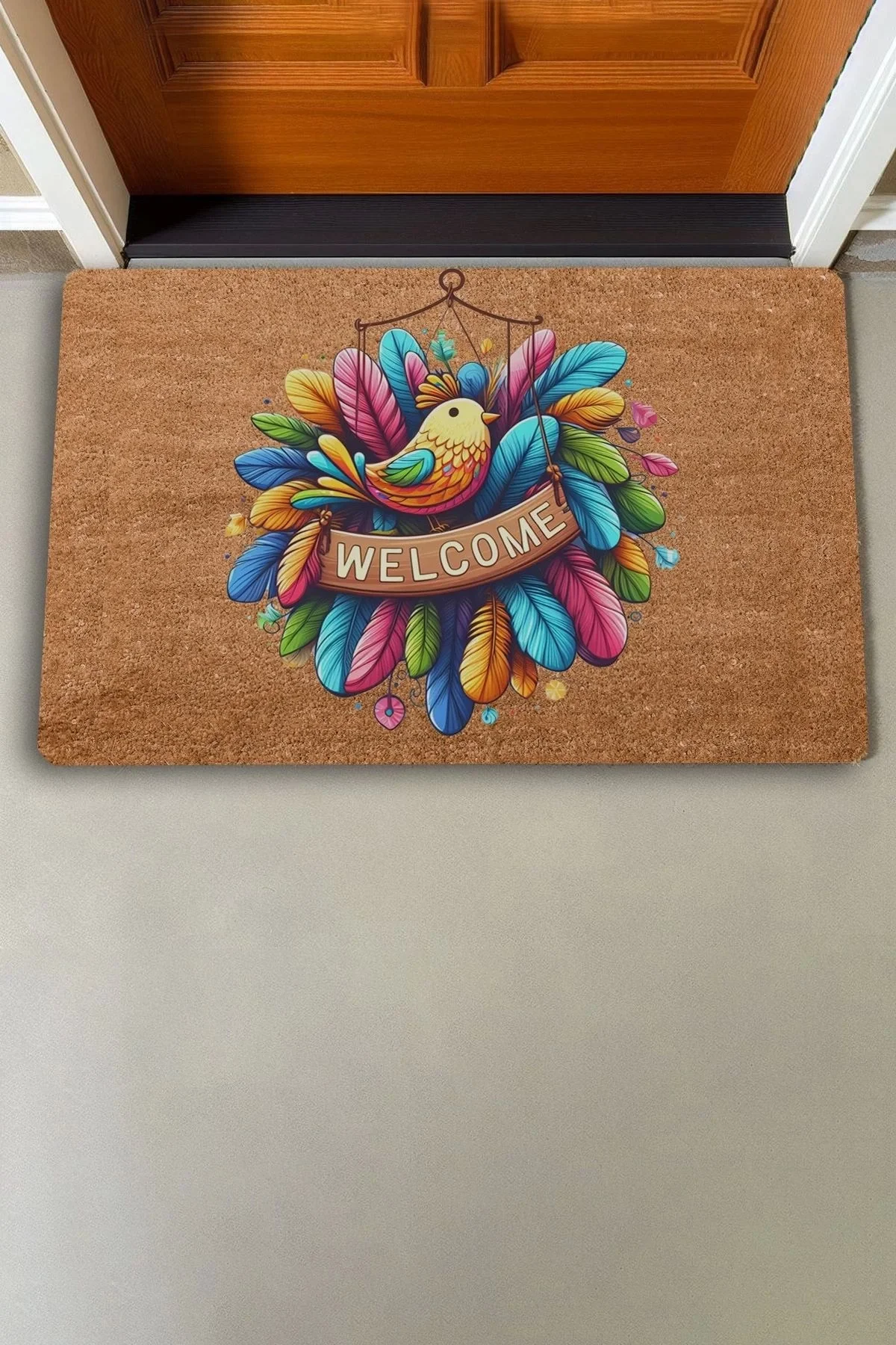 Valerine Life Renkli Tüyler ve Kuş Temalı Welcome Kapı Önü Paspası 45x70cm