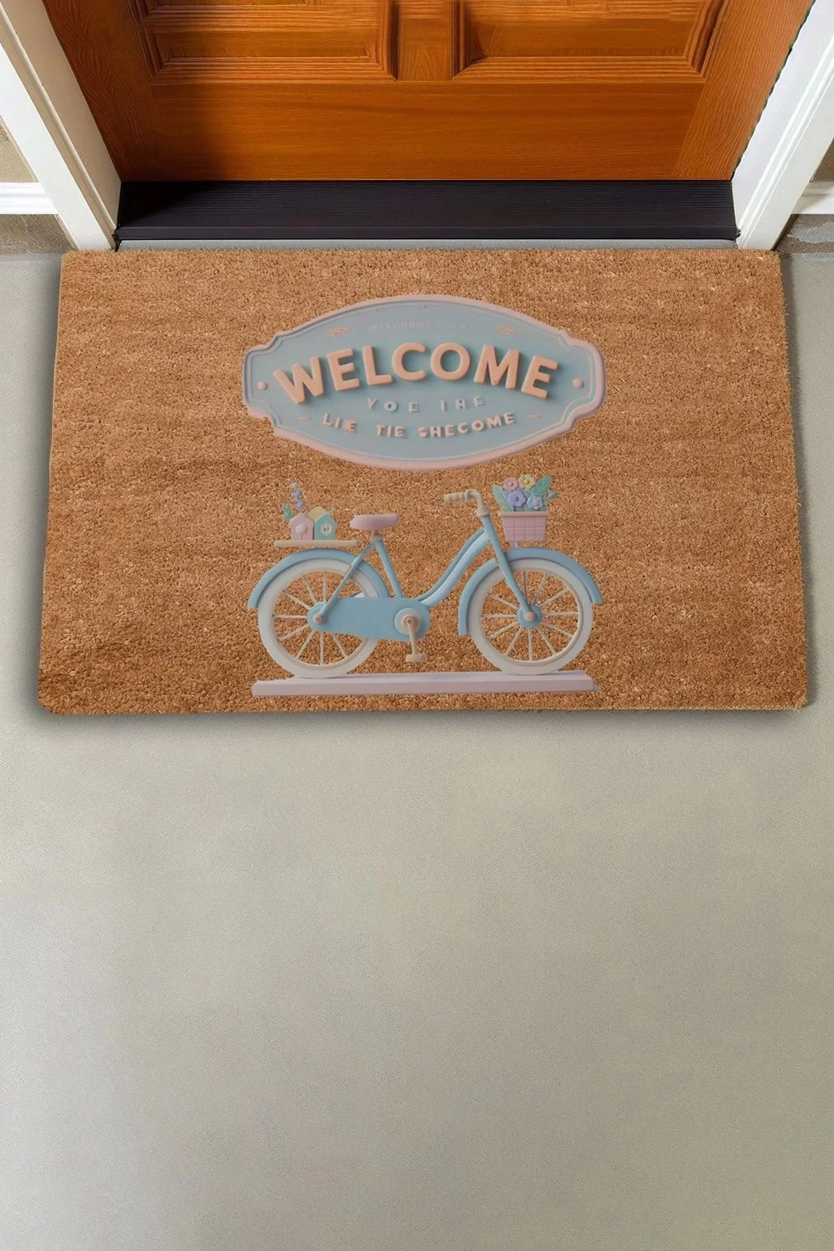 Valerine Life Rustik Mavi Pembe Bisiklet Welcome Kapı Önü Paspası 45x70cm