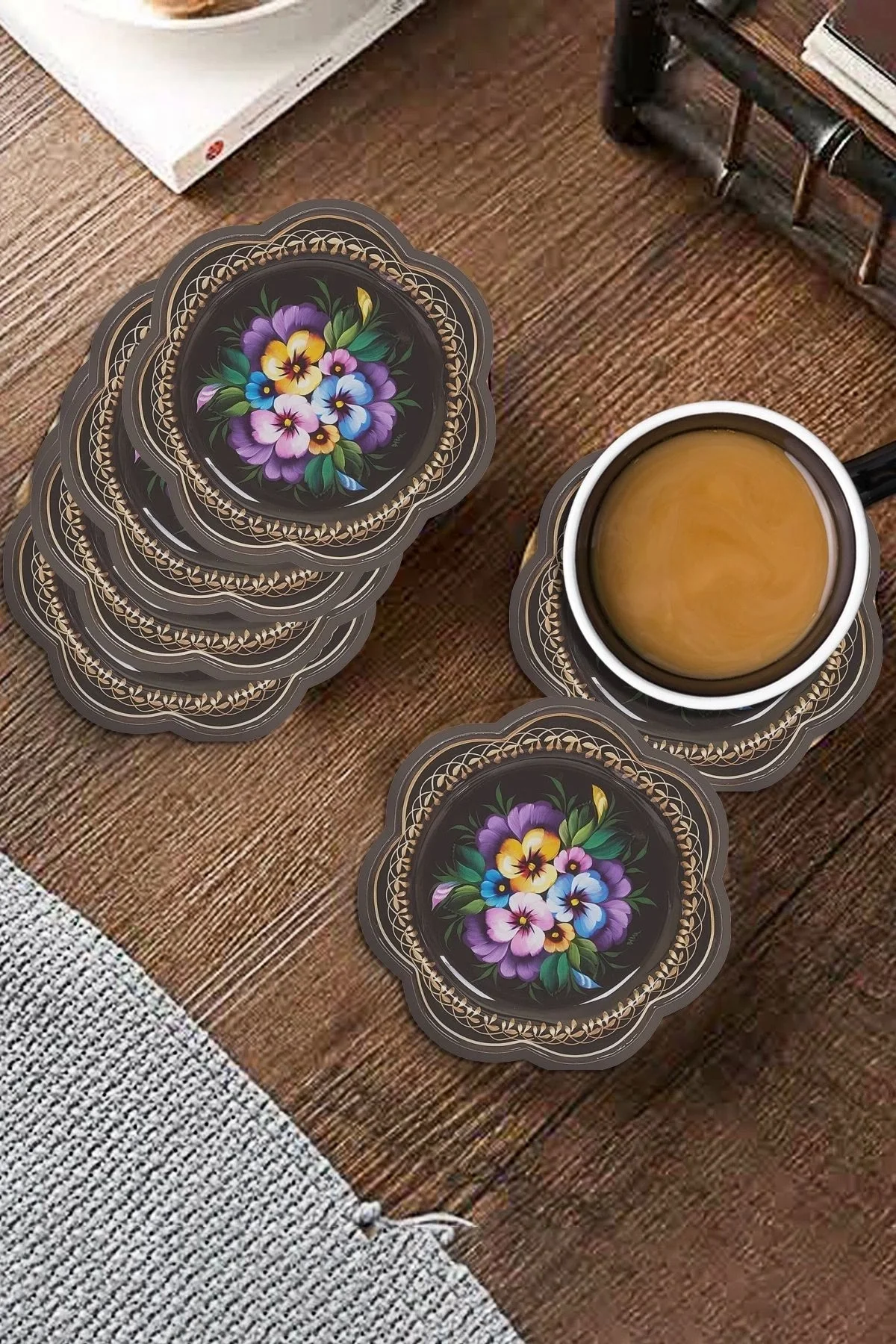 Valerine Life Sarı Mavi Mor Menekşeli Yıkanabilir Kaydırmaz Ofis Çay ve Fincan Bardak Altlığı 10x10cm 6 Adet