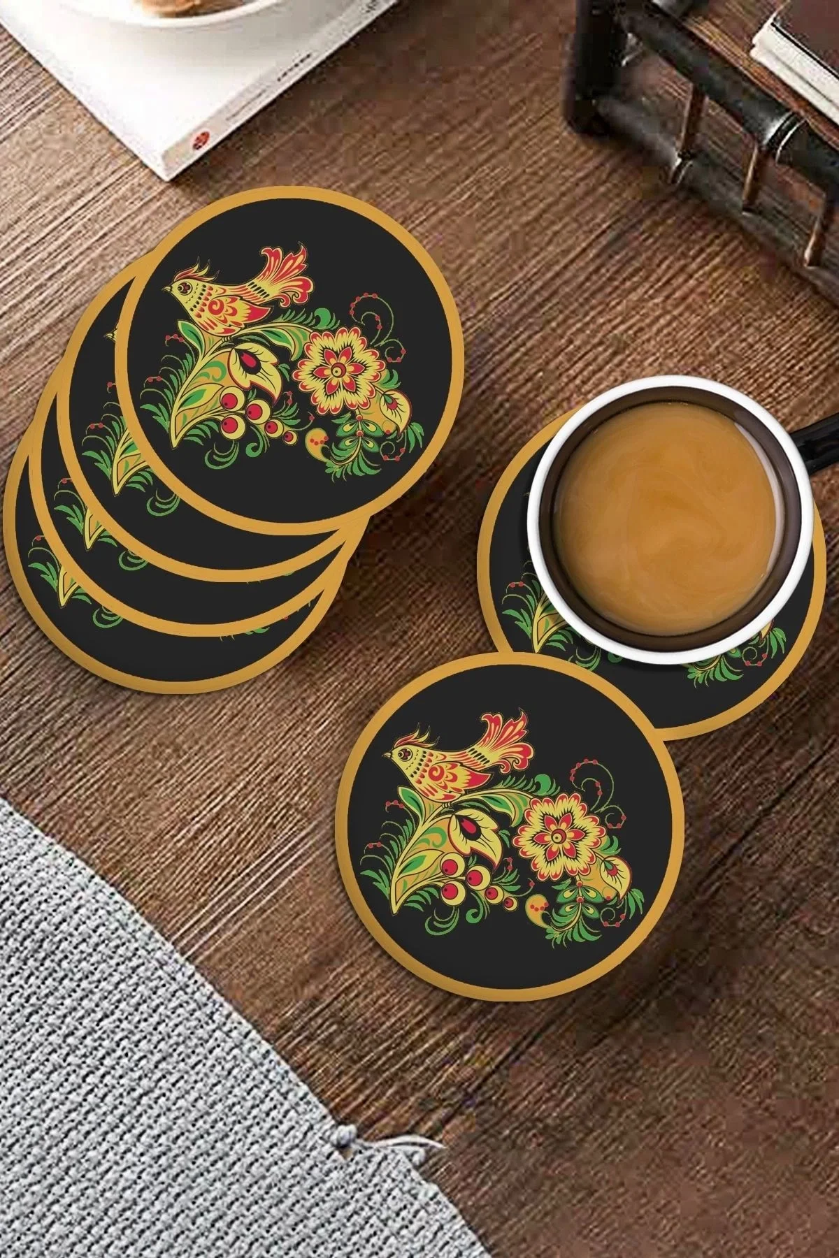 Valerine Life Sarı Siyah Kuş Desenli Yıkanabilir Kaydırmaz Ofis Çay ve Fincan Bardak Altlığı 10x10cm 6 Adet