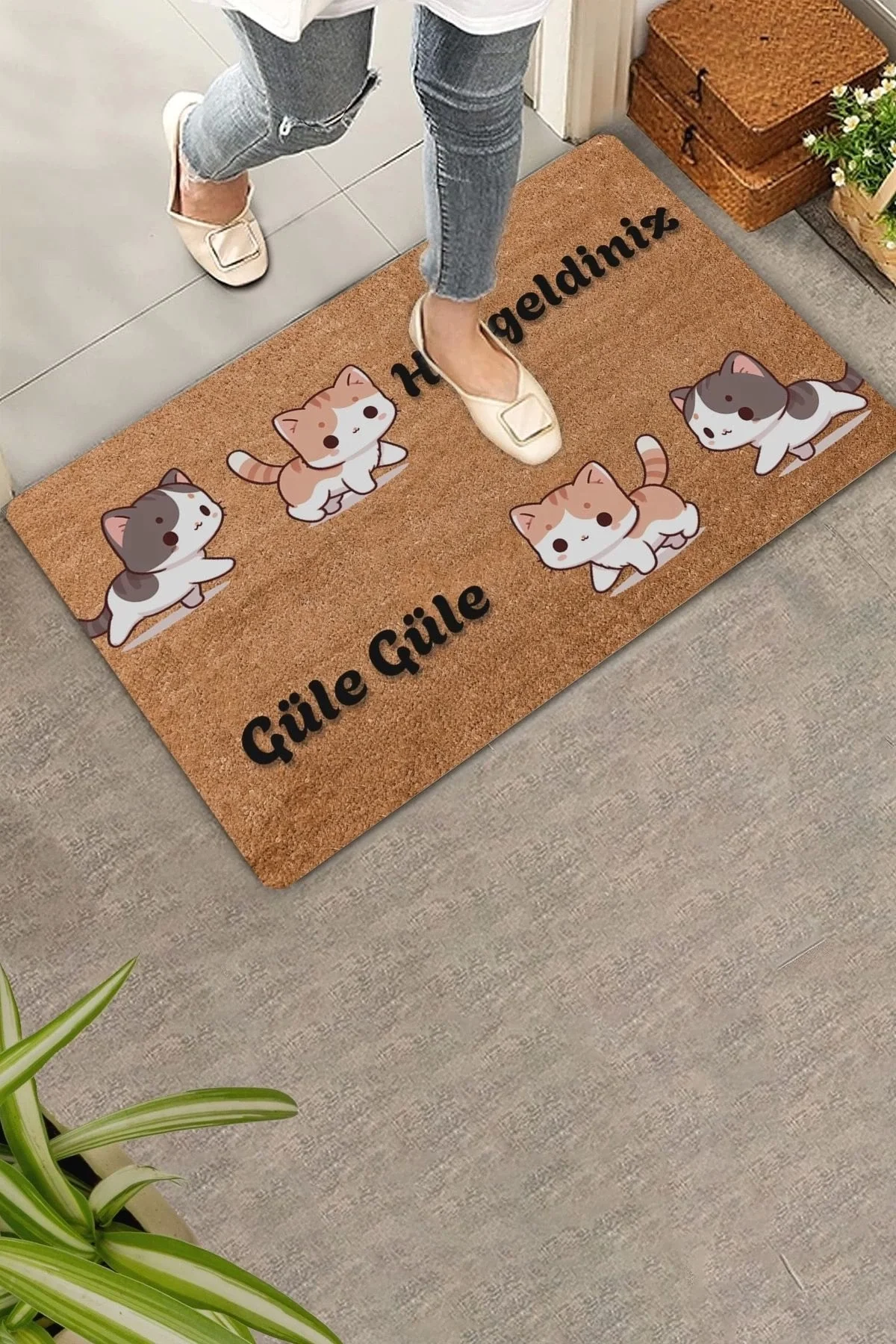 Valerine Life Sarı Siyah Yavru Kediler Hoş Geldiniz ve Güle Güle Kapı Önü Paspası 45x70cm