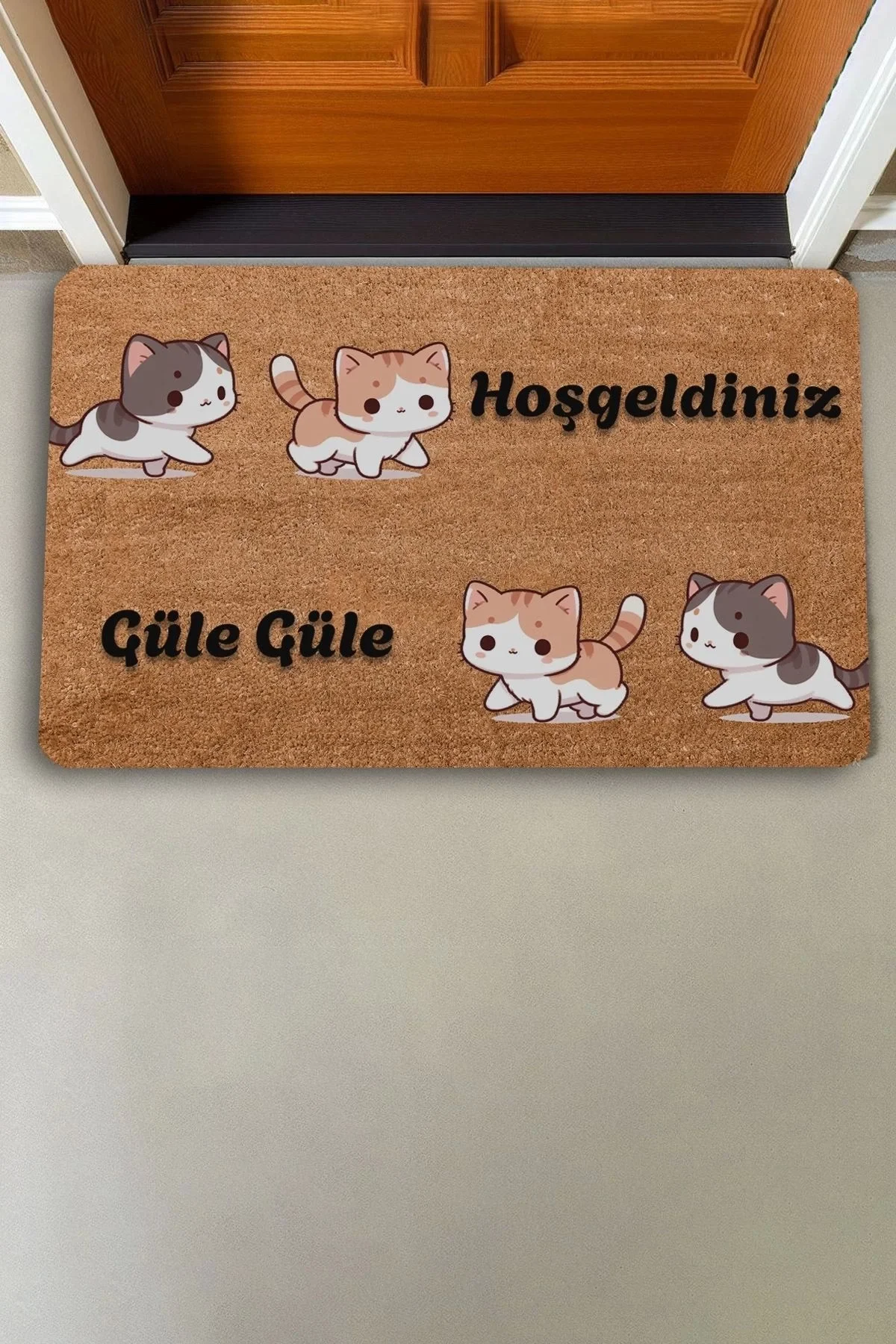 Valerine Life Sarı Siyah Yavru Kediler Hoş Geldiniz ve Güle Güle Kapı Önü Paspası 45x70cm