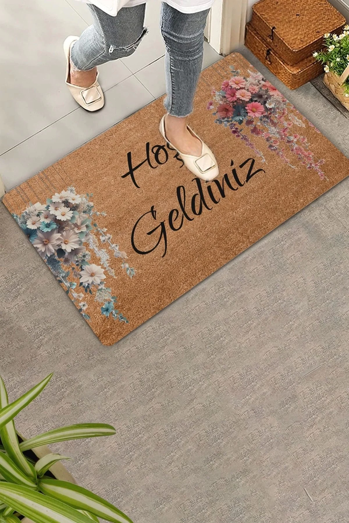 Valerine Life Sarkaç Beyaz Pembe Papatya Demetleri Hoş Geldiniz Kapı Önü Paspası 45x70cm