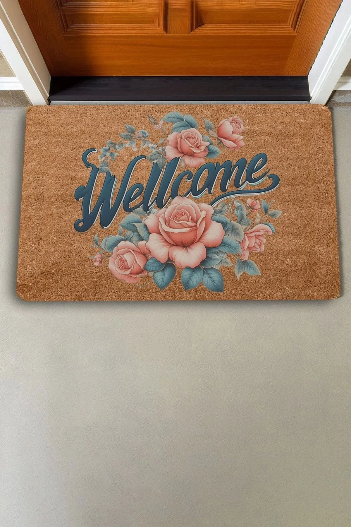 Valerine Life Sarmaşık Pembe Güller Welcome Kapı Önü Paspası 45x70cm