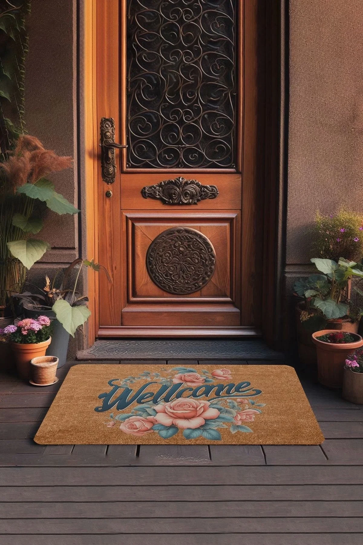 Valerine Life Sarmaşık Pembe Güller Welcome Kapı Önü Paspası 45x70cm