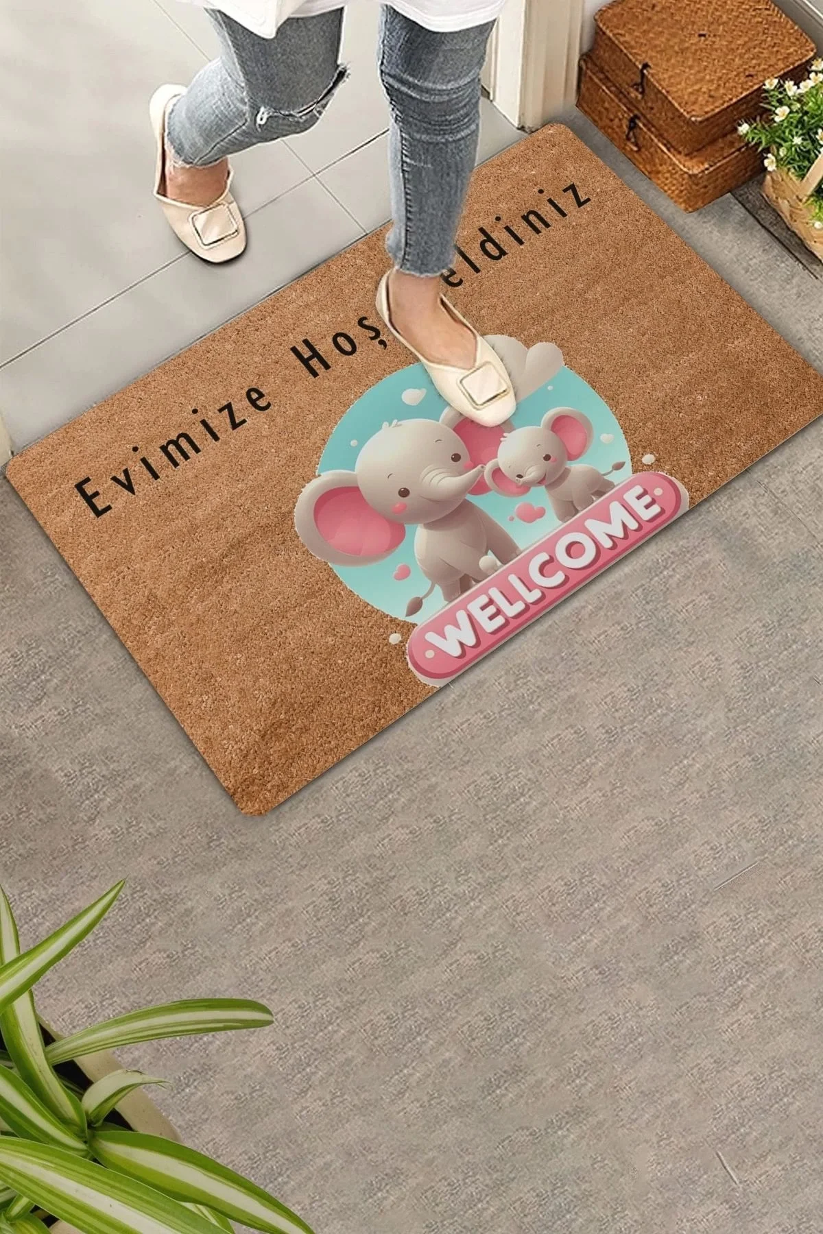 Valerine Life Sevimli Pembe Yavru Filler Evimize Hoş Geldiniz Kapı Önü Paspası 45x70cm