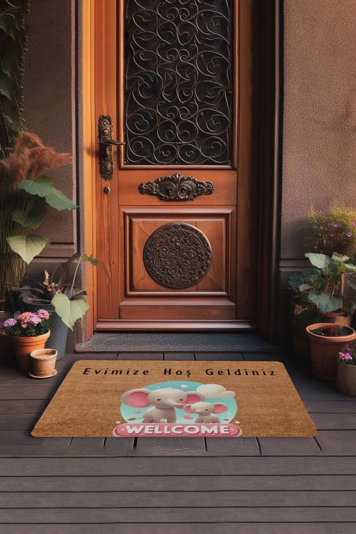Valerine Life Sevimli Pembe Yavru Filler Evimize Hoş Geldiniz Kapı Önü Paspası 45x70cm