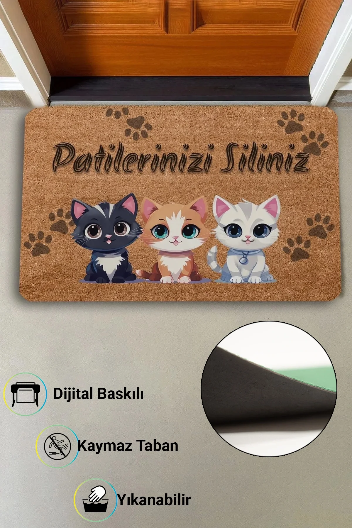 Valerine Life Sevimli Siyah Sarı Beyaz Yavru Kediler Patilerinizi Silin Kapı Önü Paspası 45x70cm