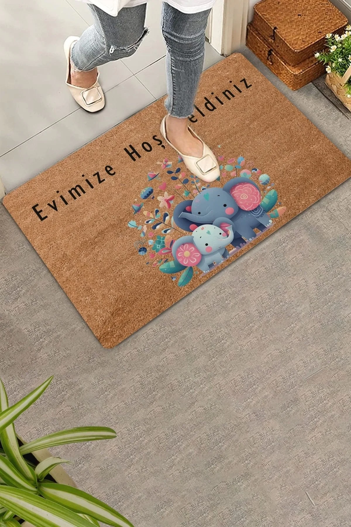 Valerine Life Sevimli Yavru Filler ve Çiçekler Evimize Hoş Geldiniz Kapı Önü Paspası 45x70cm