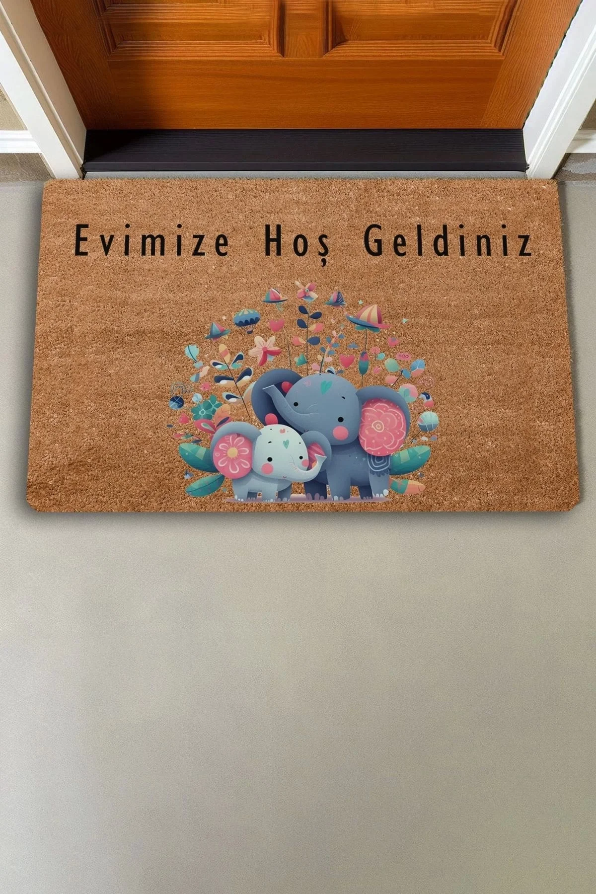 Valerine Life Sevimli Yavru Filler ve Çiçekler Evimize Hoş Geldiniz Kapı Önü Paspası 45x70cm
