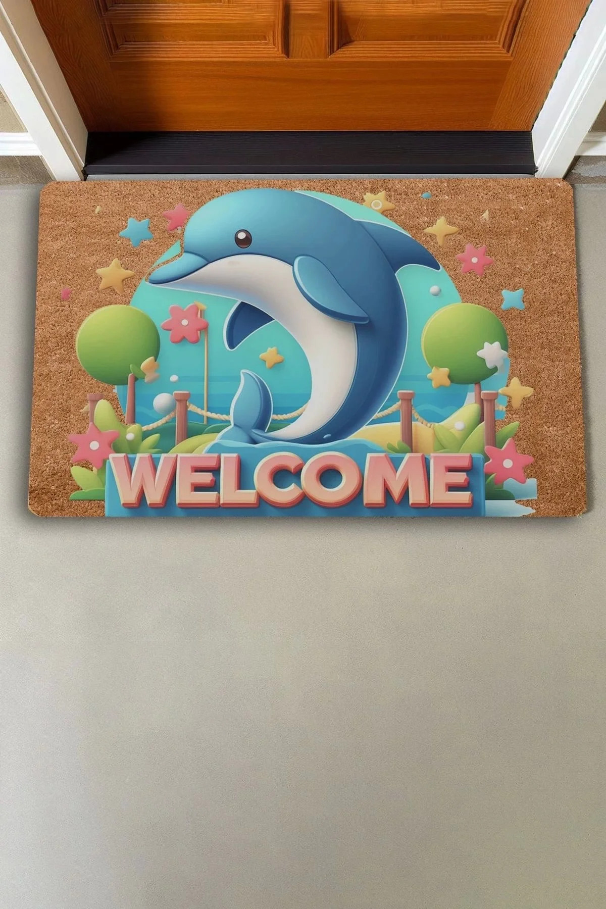 Valerine Life Sevimli Yunus Balığı ve Yıldızlı Welcome Kapı Önü Paspası 45x70cm