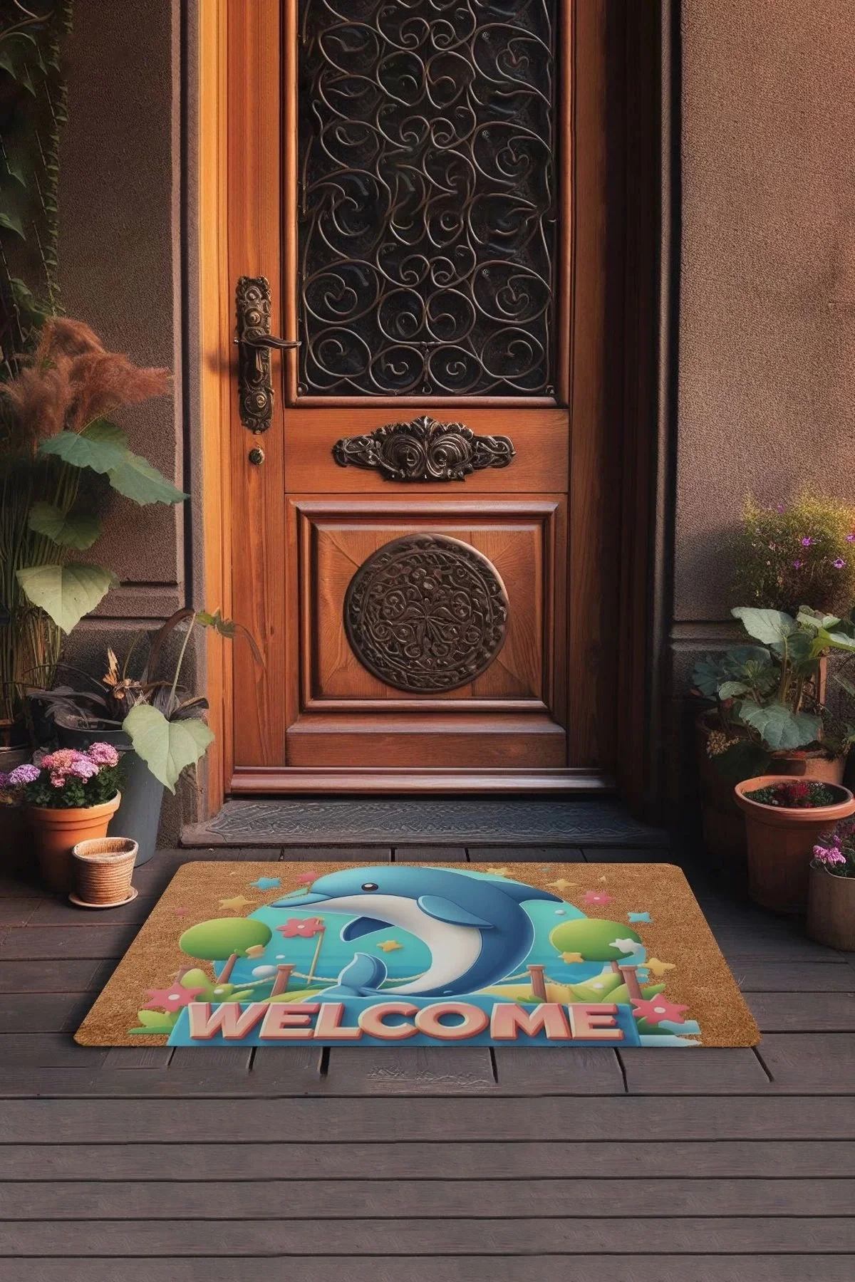 Valerine Life Sevimli Yunus Balığı ve Yıldızlı Welcome Kapı Önü Paspası 45x70cm