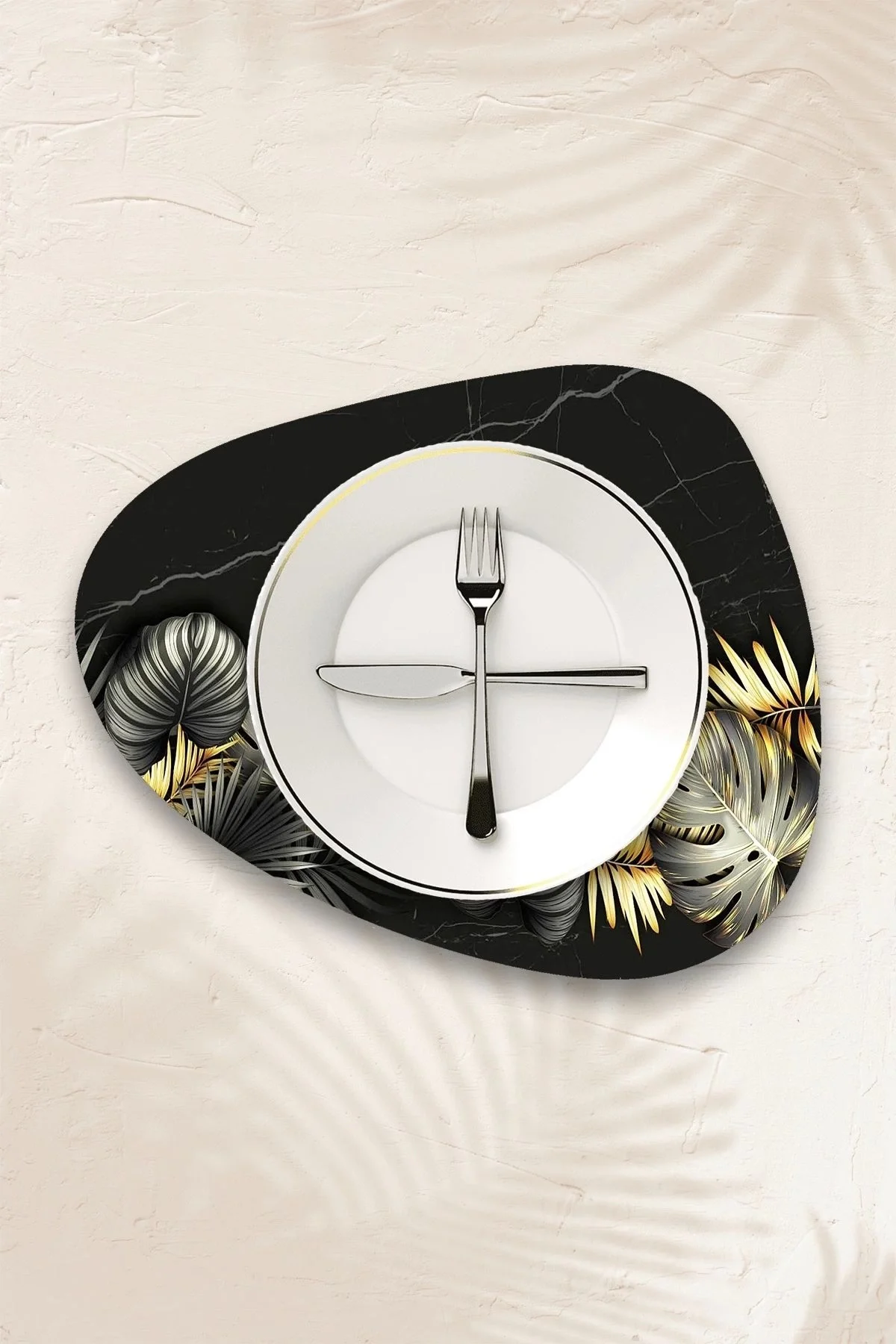Valerine Life Siyah Mermer Gold Palmiye Yaprağı Amerikan Deri Kaymaz Yıkanabilir Servis Altlığı 12 Parça 6 Kişilik
