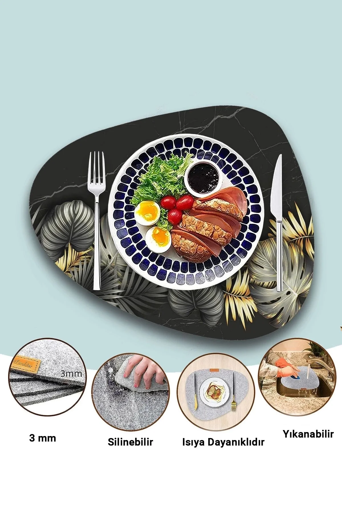 Valerine Life Siyah Mermer Gold Palmiye Yaprağı Amerikan Deri Kaymaz Yıkanabilir Servis Altlığı 12 Parça 6 Kişilik