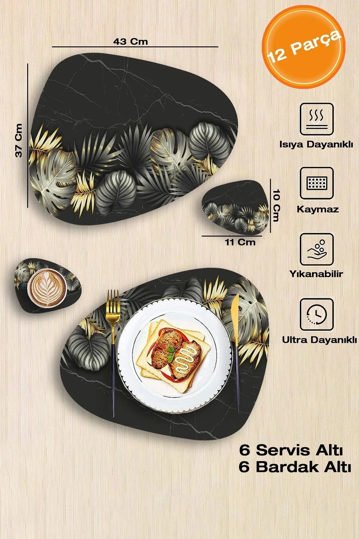 Valerine Life Siyah Mermer Gold Palmiye Yaprağı Amerikan Deri Kaymaz Yıkanabilir Servis Altlığı 12 Parça 6 Kişilik