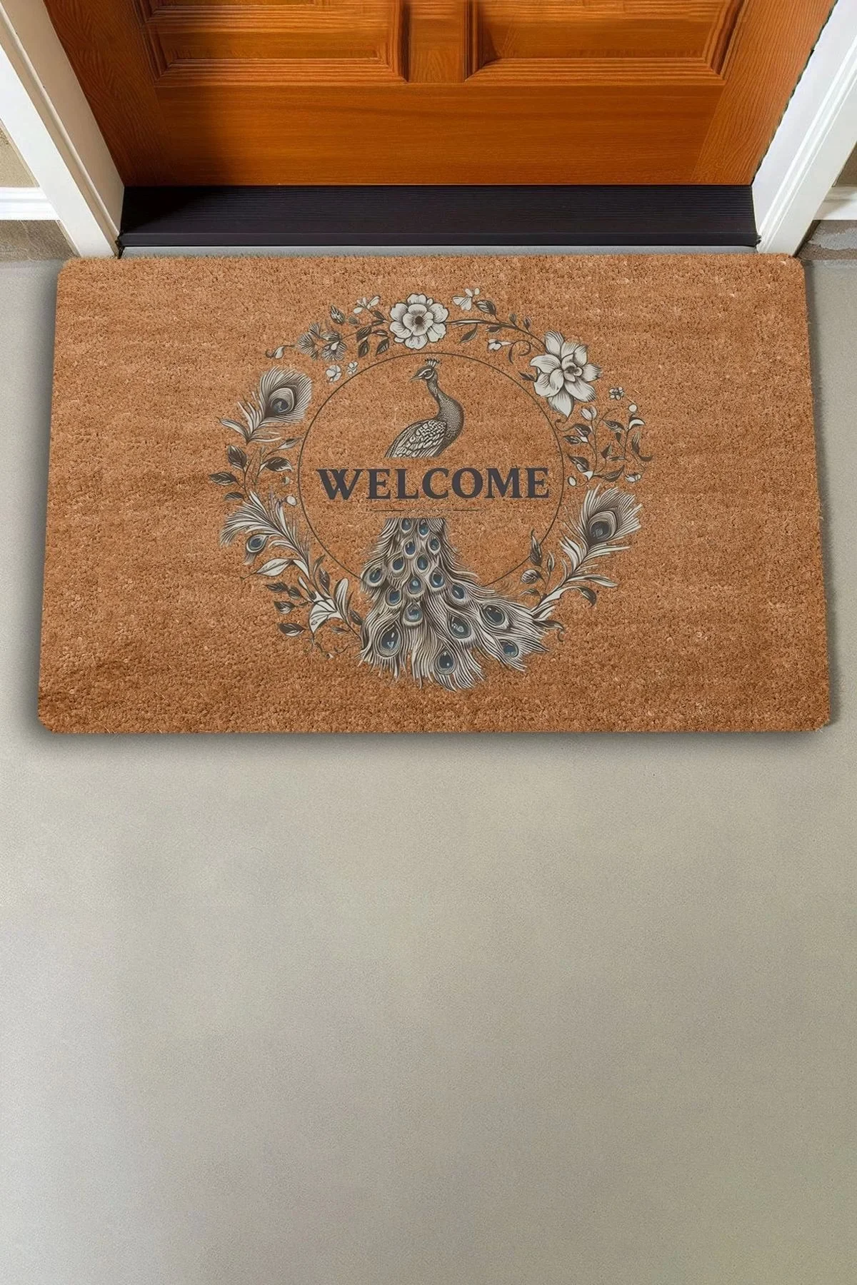 Valerine Life Tavus Kuşu ve Tüyleri Welcome Kapı Önü Paspası 45x70cm
