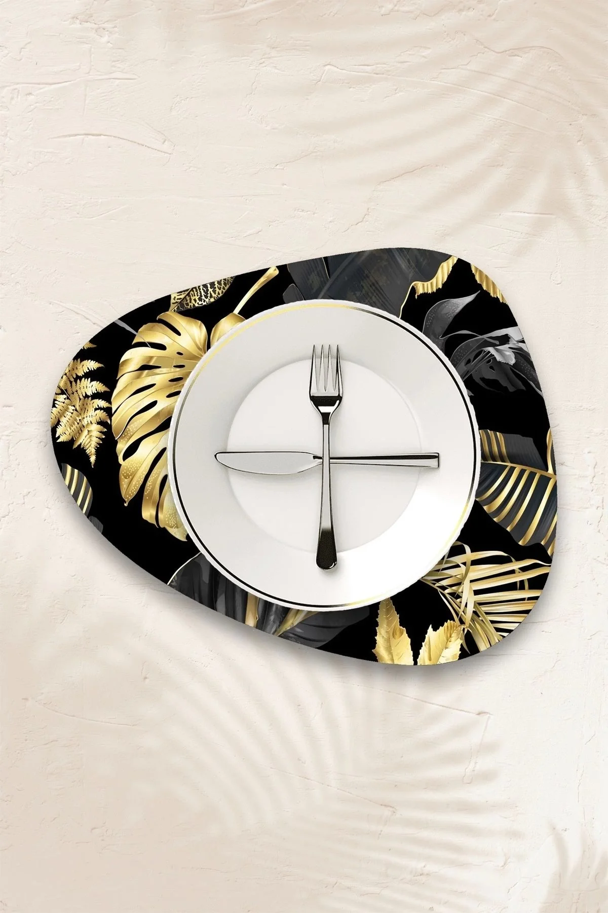 Valerine Life Tropikal Gold Siyah Yaprak Amerikan Deri Kaymaz Yıkanabilir Servis Tabak Altlığı 12 Parça 6 Kişilik