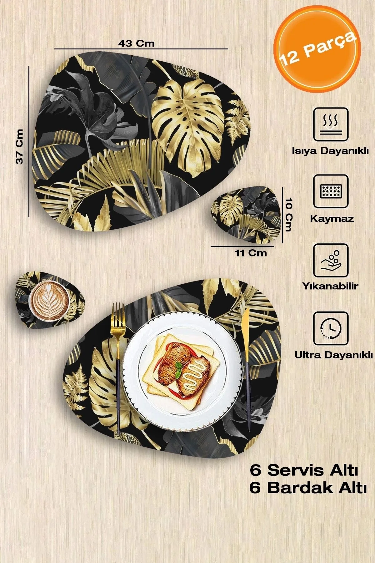 Valerine Life Tropikal Gold Siyah Yaprak Amerikan Deri Kaymaz Yıkanabilir Servis Tabak Altlığı 12 Parça 6 Kişilik