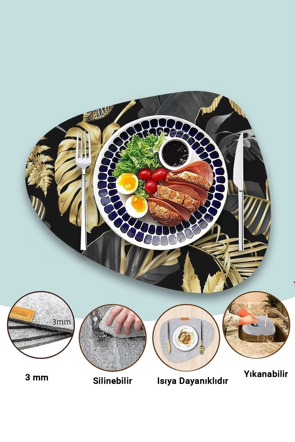 Valerine Life Tropikal Gold Siyah Yaprak Amerikan Deri Kaymaz Yıkanabilir Servis Tabak Altlığı 12 Parça 6 Kişilik