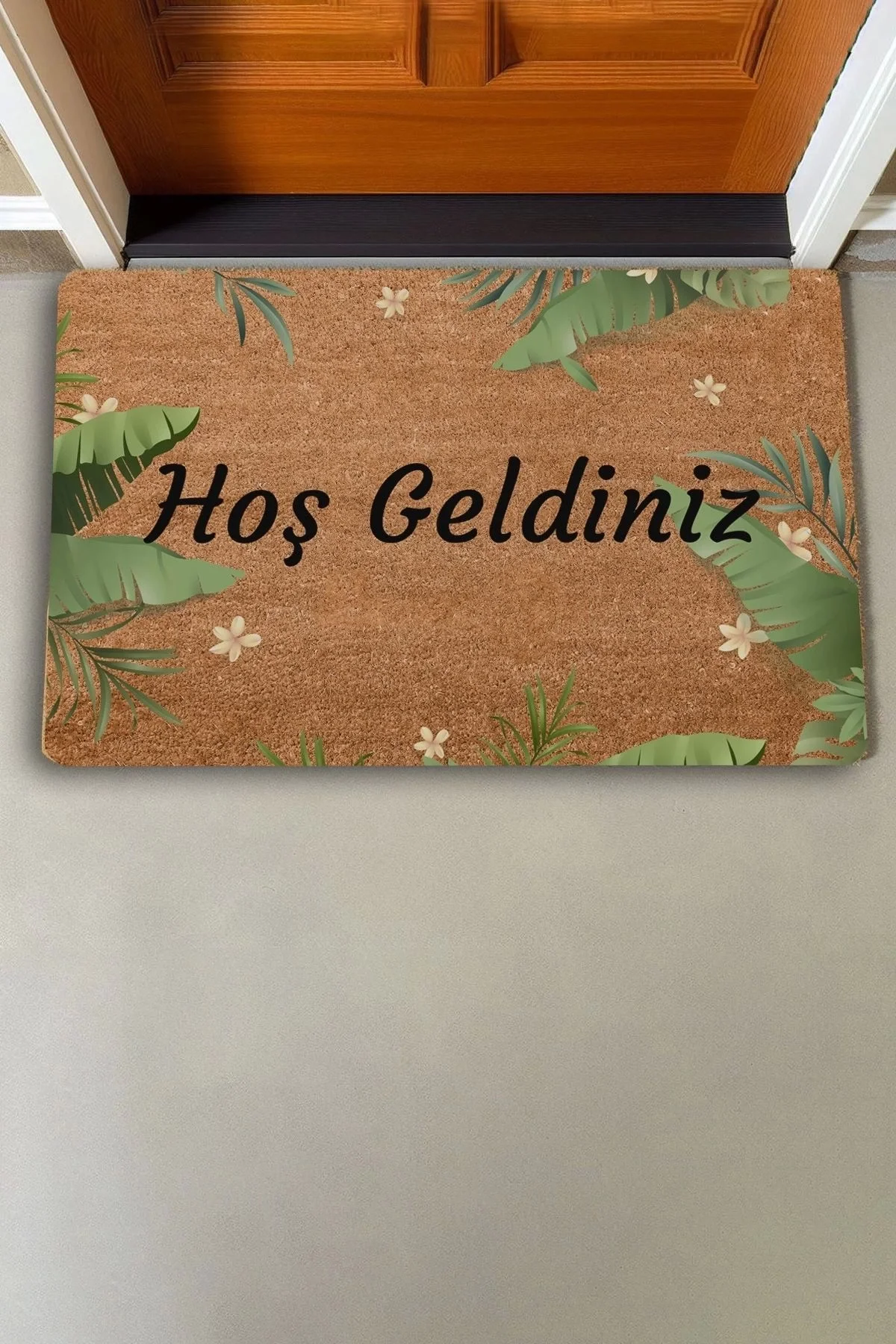 Valerine Life Tropikal Yaprağı ve Beyaz Hatmi Çiçeği Hoş Geldiniz Kapı Önü Paspası 45x70cm
