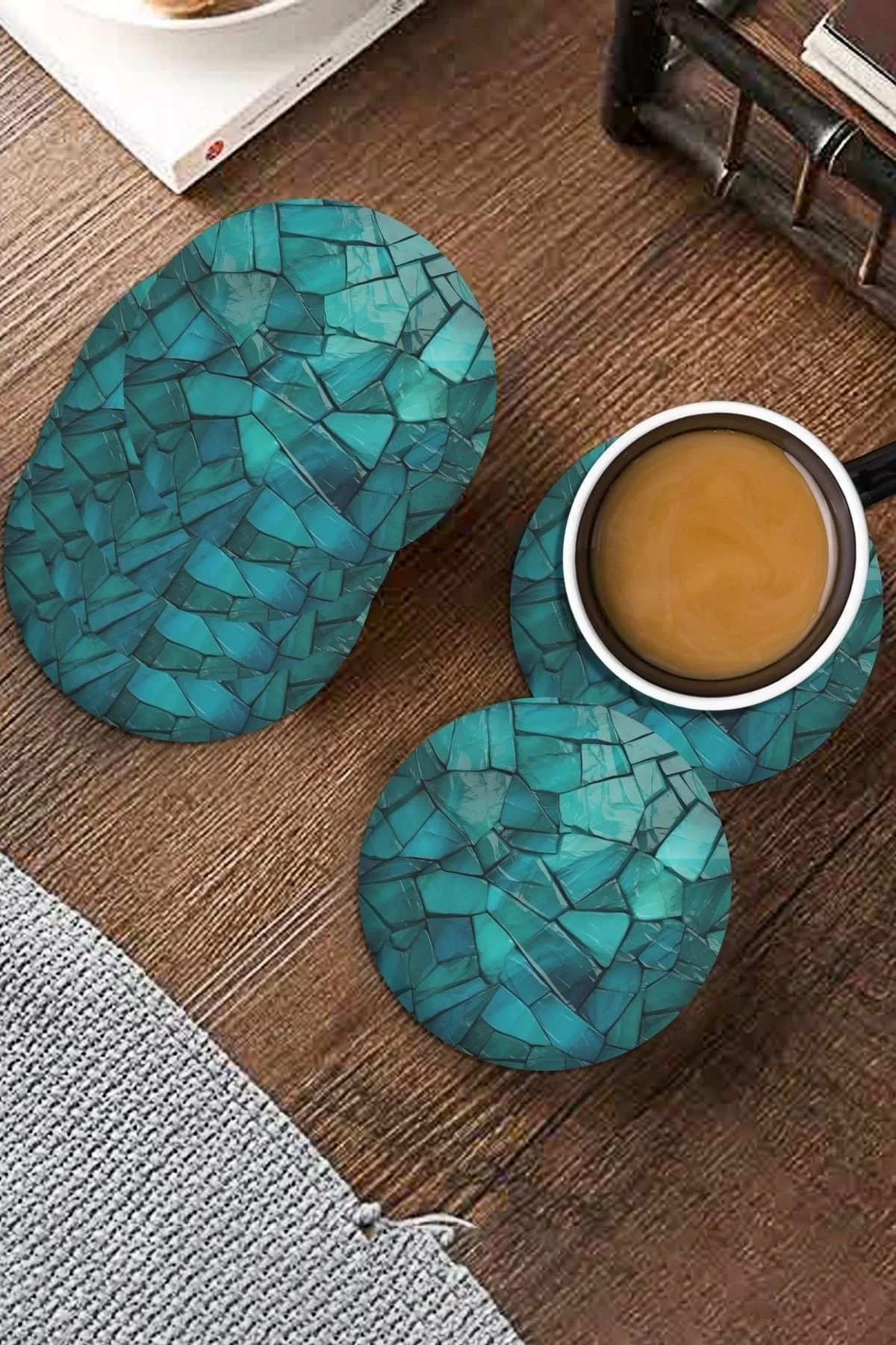 Valerine Life Turkuaz Doğal Taşlar Yıkanabilir Kaymaz Ofis Çay ve Fincan Bardak Altlığı 10x10cm 6 Adet