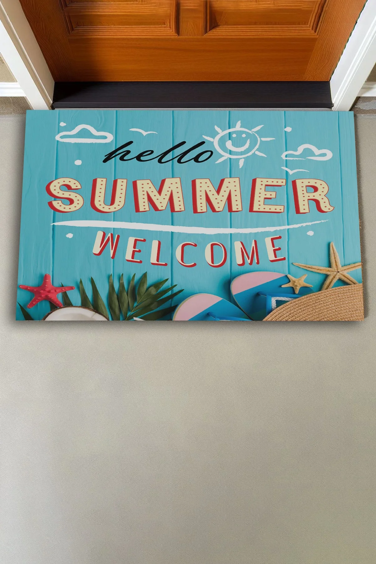 Valerine Life Hello Summer Merhaba Yaz Mavi Renkli Welcome Hoş Geldiniz Kapı Önü Paspası 45x70cm