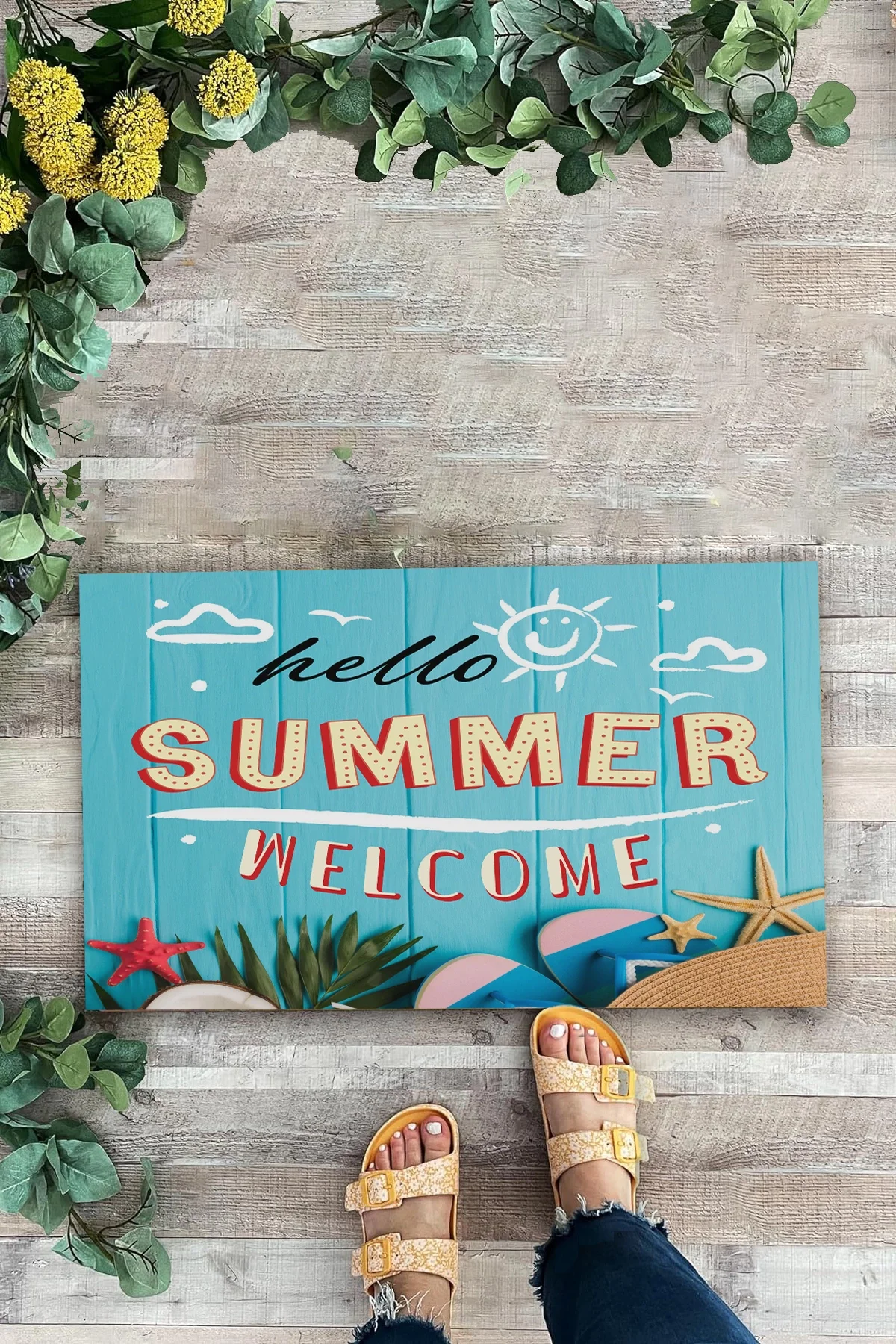 Valerine Life Hello Summer Merhaba Yaz Mavi Renkli Welcome Hoş Geldiniz Kapı Önü Paspası 45x70cm