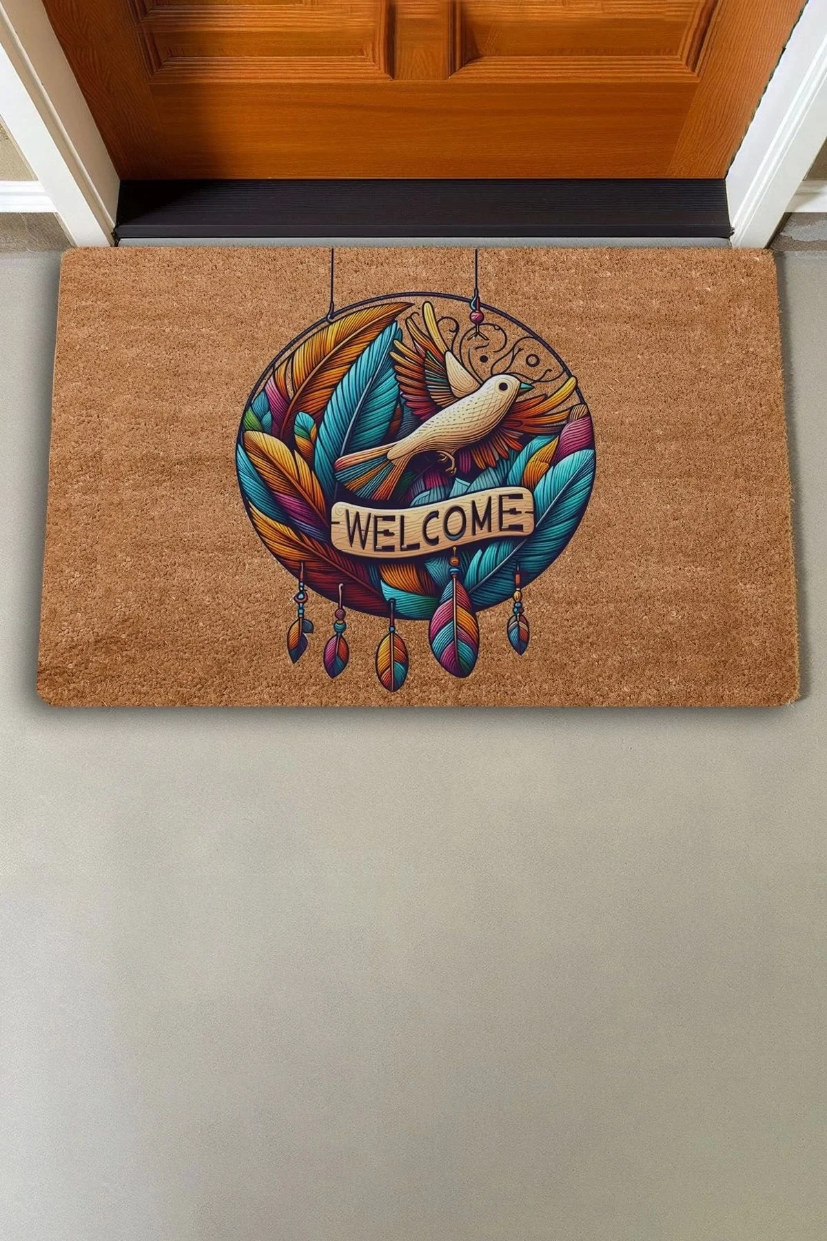 Valerine Life Tüy ve Kuş Çemberi Oyma Yazılı Welcome Kapı Önü Paspası 45x70cm