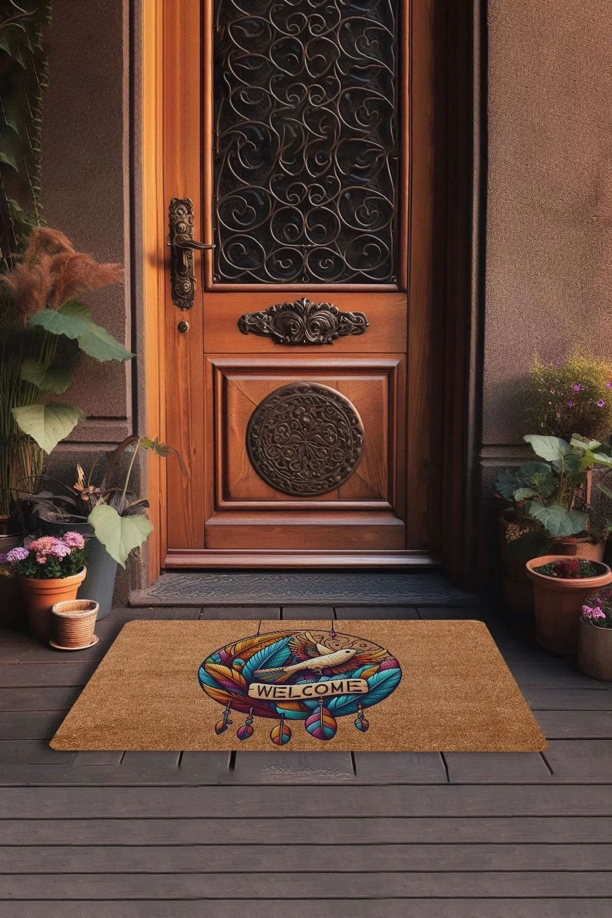 Valerine Life Tüy ve Kuş Çemberi Oyma Yazılı Welcome Kapı Önü Paspası 45x70cm