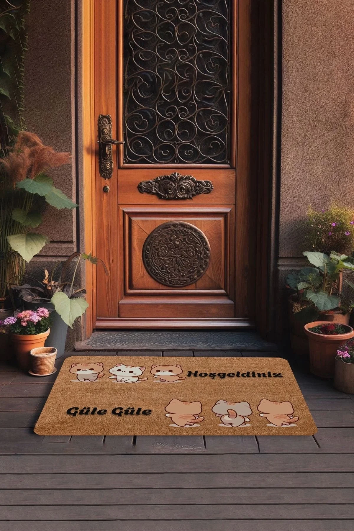 Valerine Life Üçlü Sevimli Yavru Kediler Hoş Geldiniz ve Güle Güle Kapı Önü Paspası 45x70cm