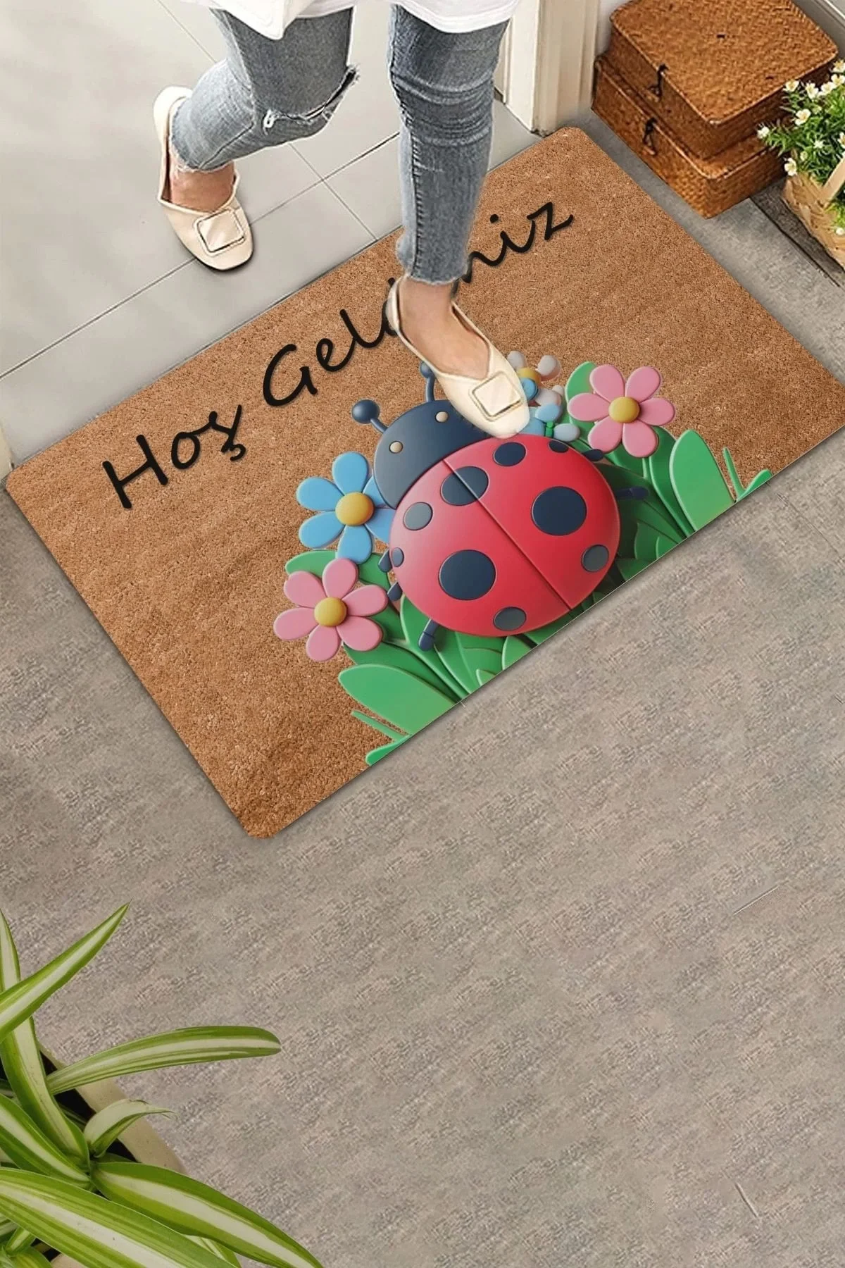 Valerine Life Uğur Böceği ve Papatyalı Welcome Kapı Önü Paspası 45x70cm