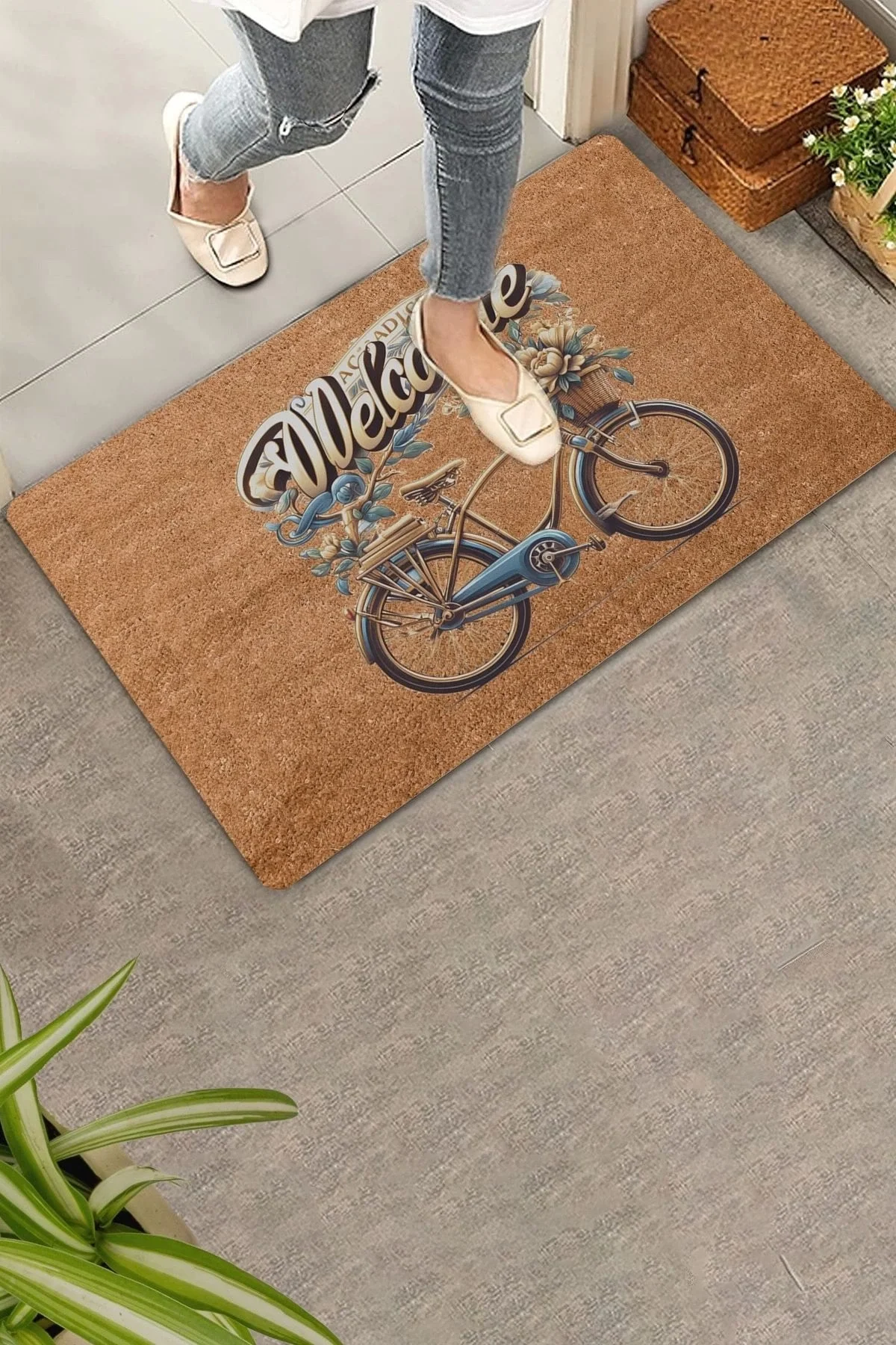 Valerine Life Vintage Çiçekler ve Bisiklet Welcome Kapı Önü Paspası 45x70cm